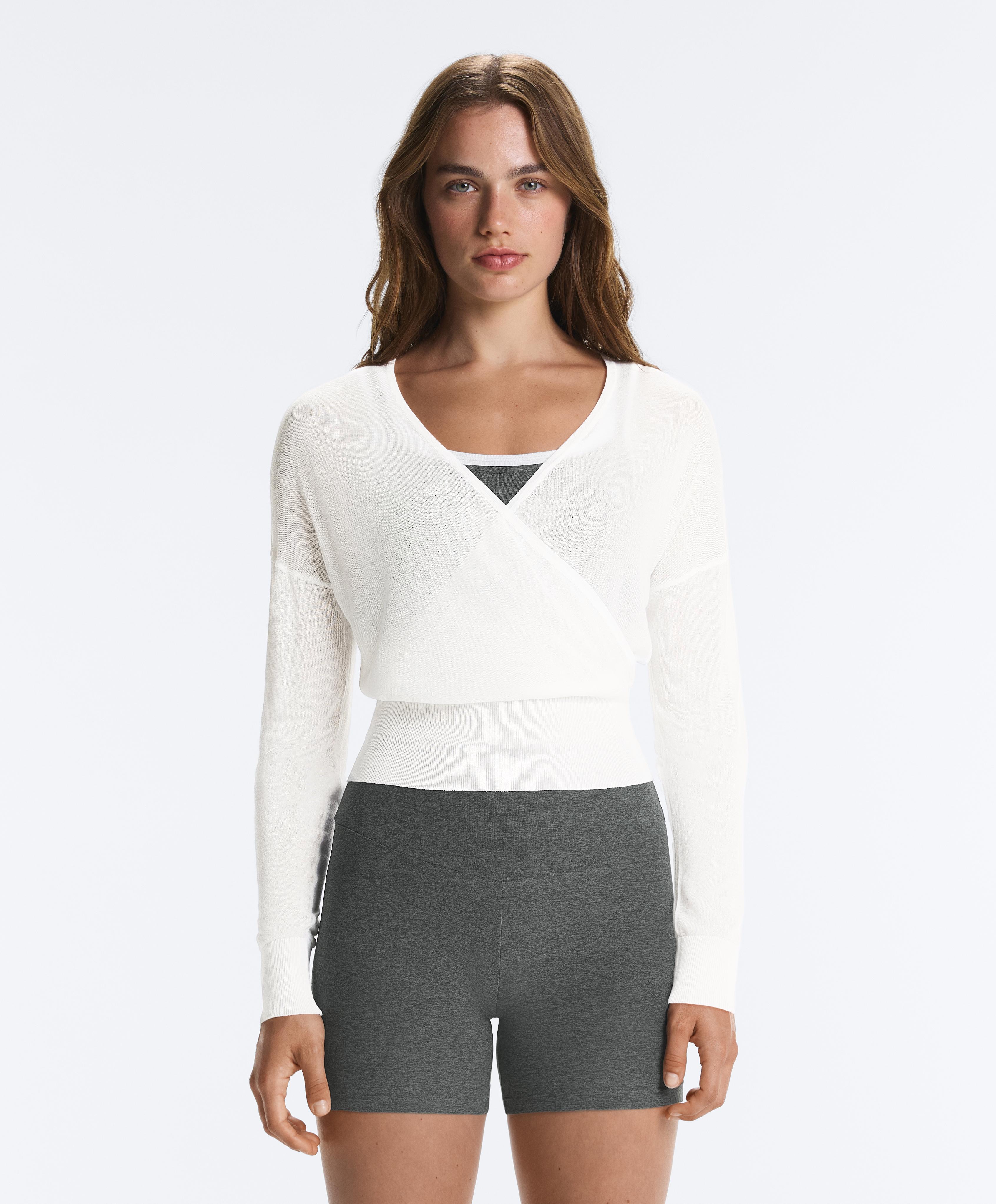 Lyocell blend sheer cross-over long sleeve T-shirt — WHITE