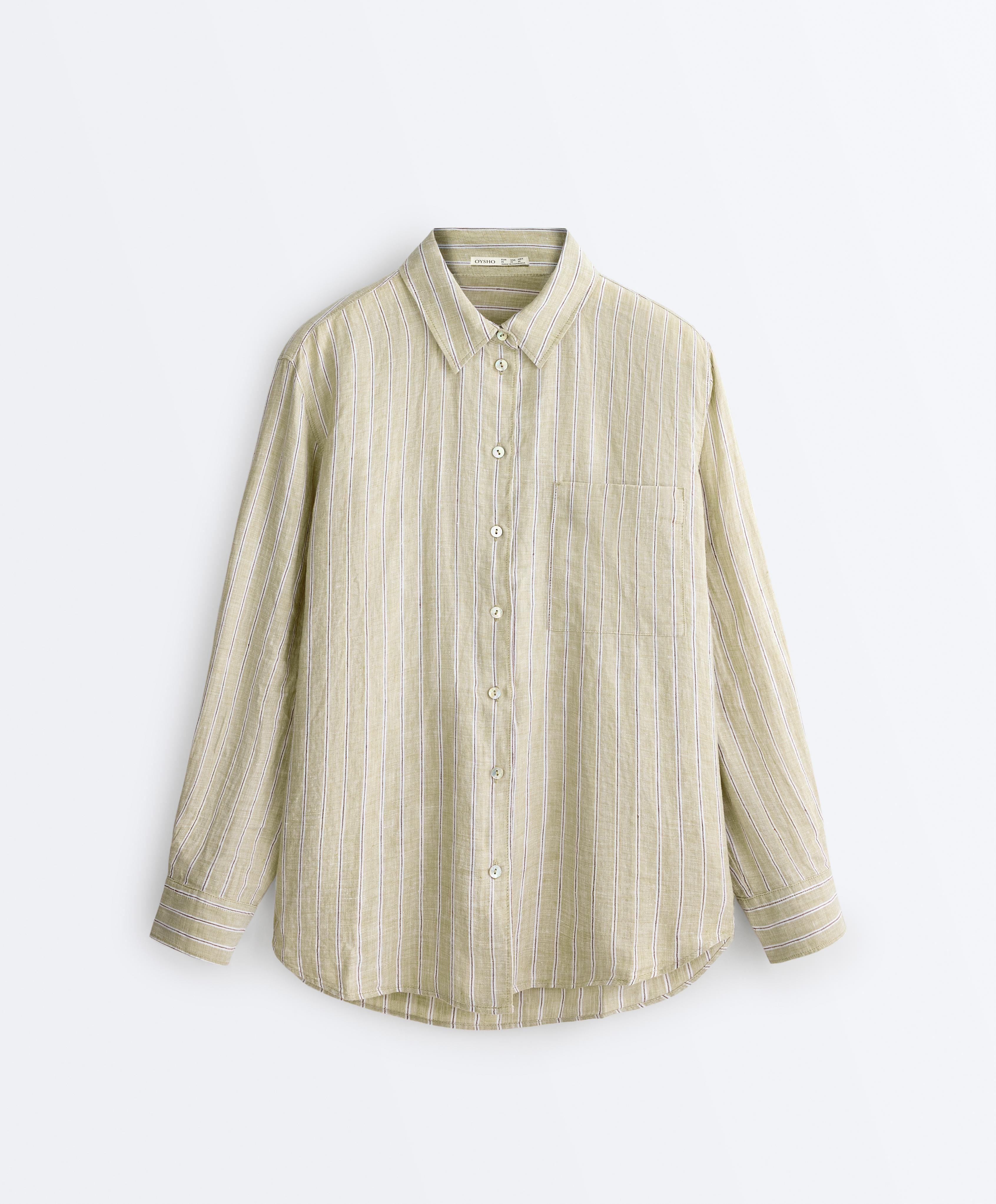 Striped 100% linen relaxed shirt — PALE PISTACHIO