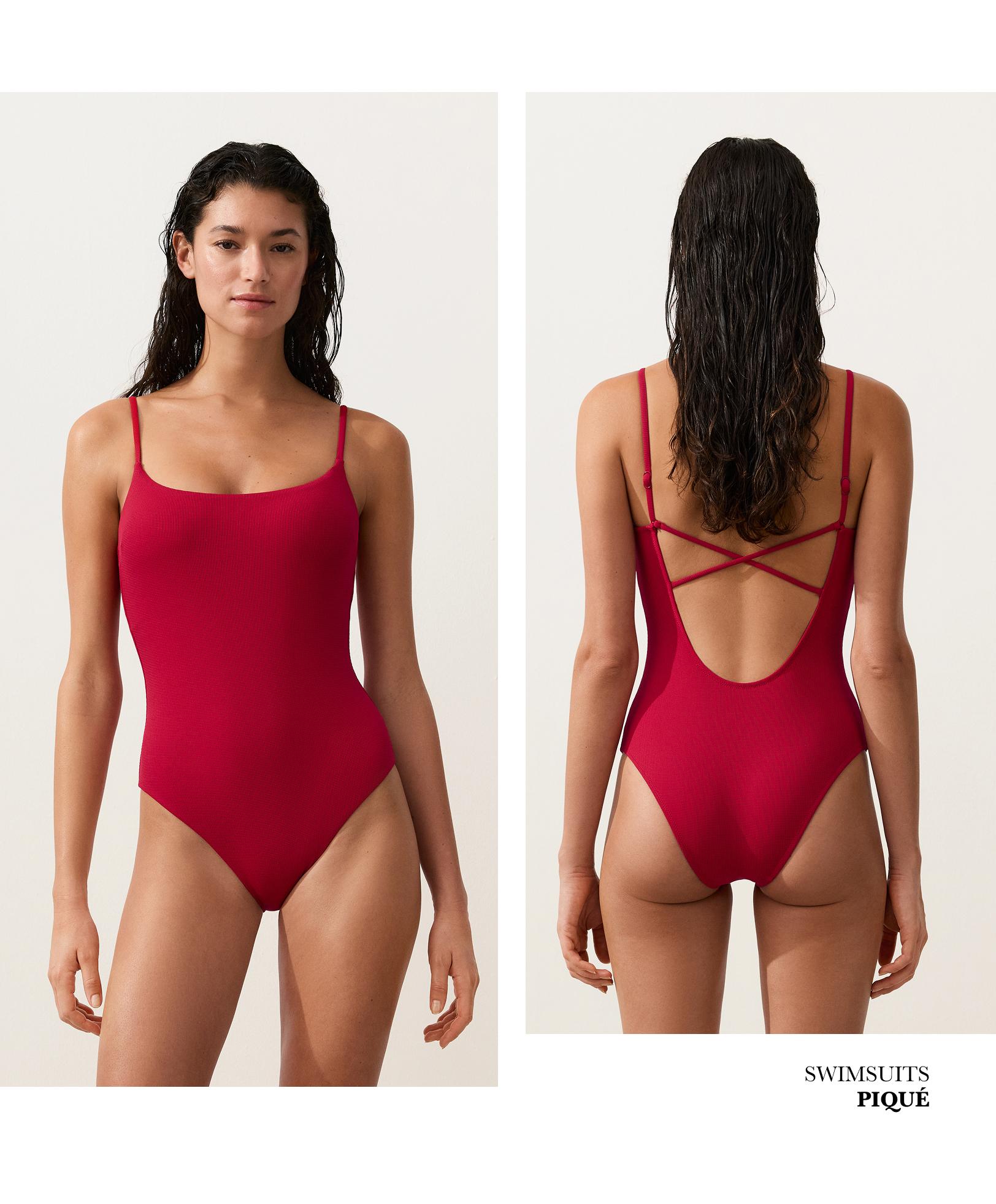 Piqué round neck swimsuit — BRIGHT RED