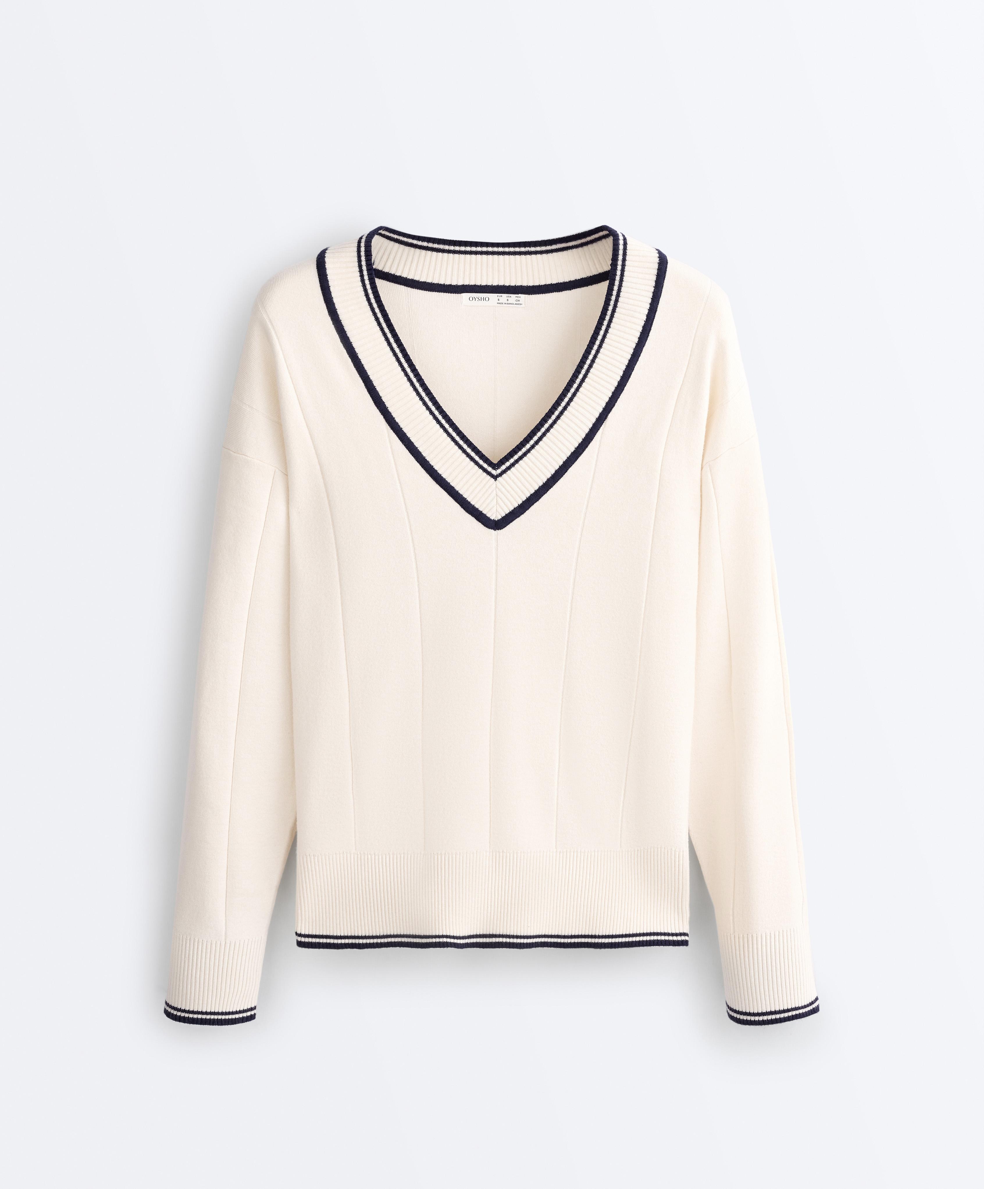 Contrast V-neck knit jumper — PALE ECRU