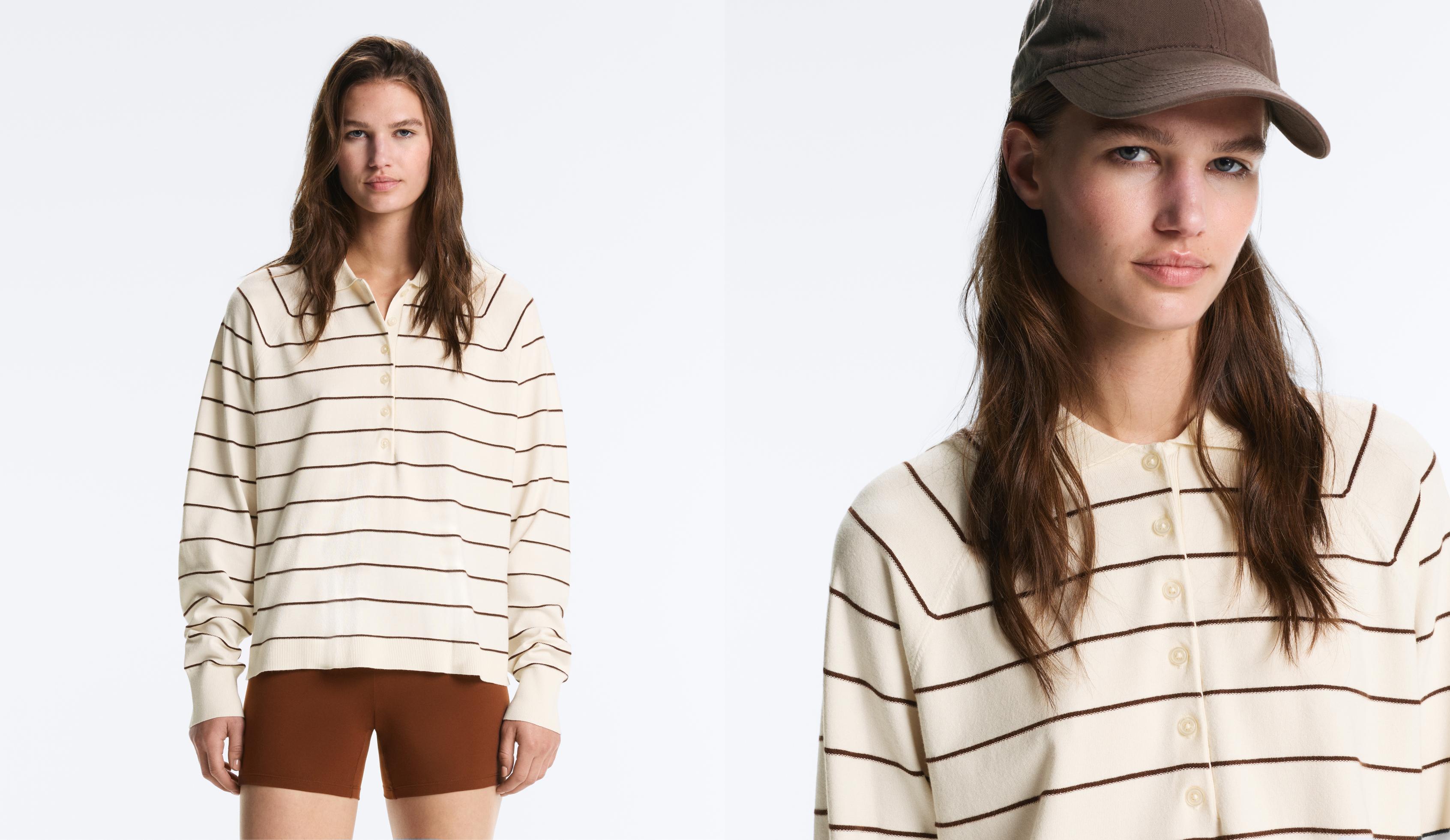 Striped long-sleeve polo shirt — PALE ECRU