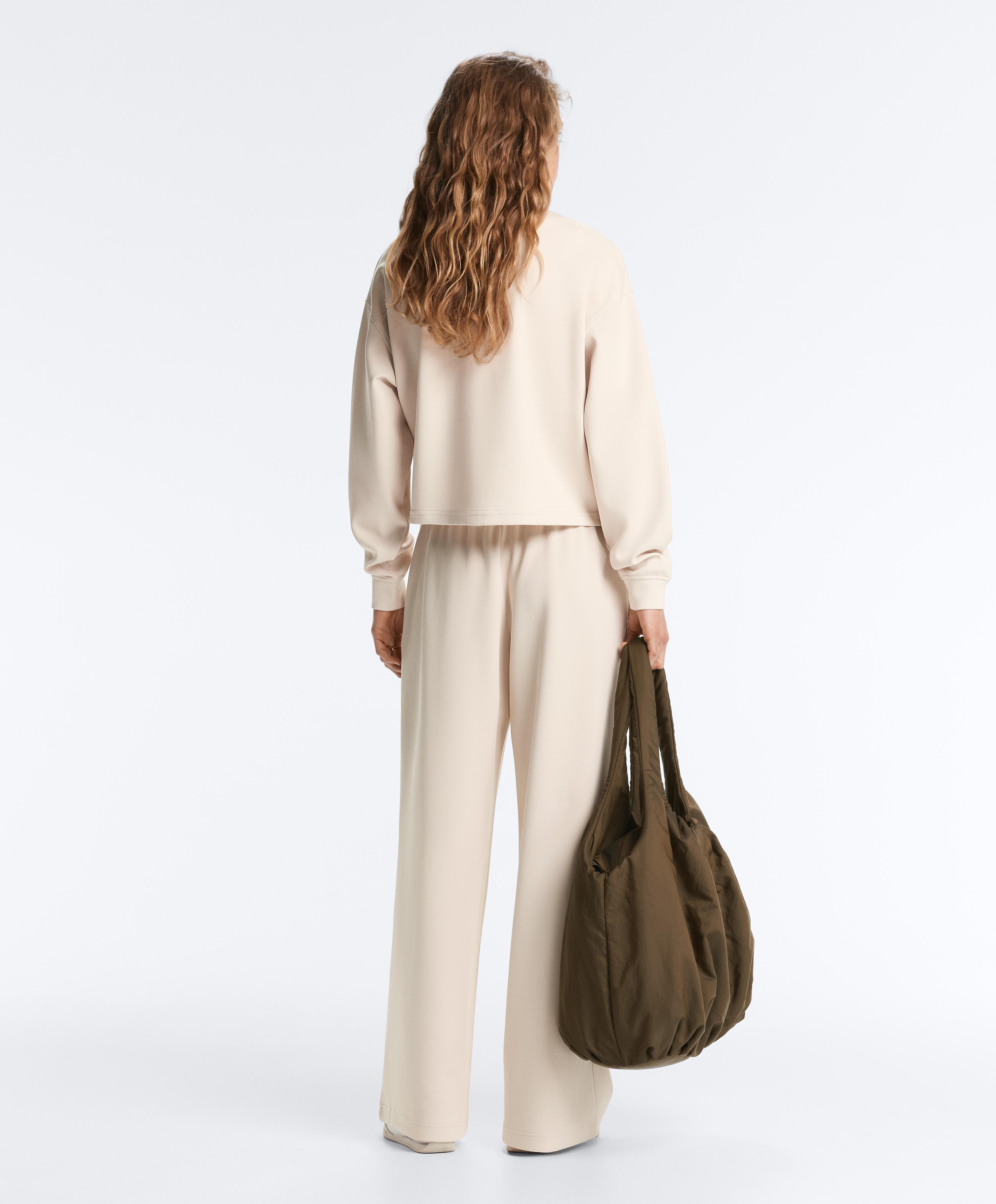 Cotton piqué straight-leg trousers with crease — PALE BEIGE