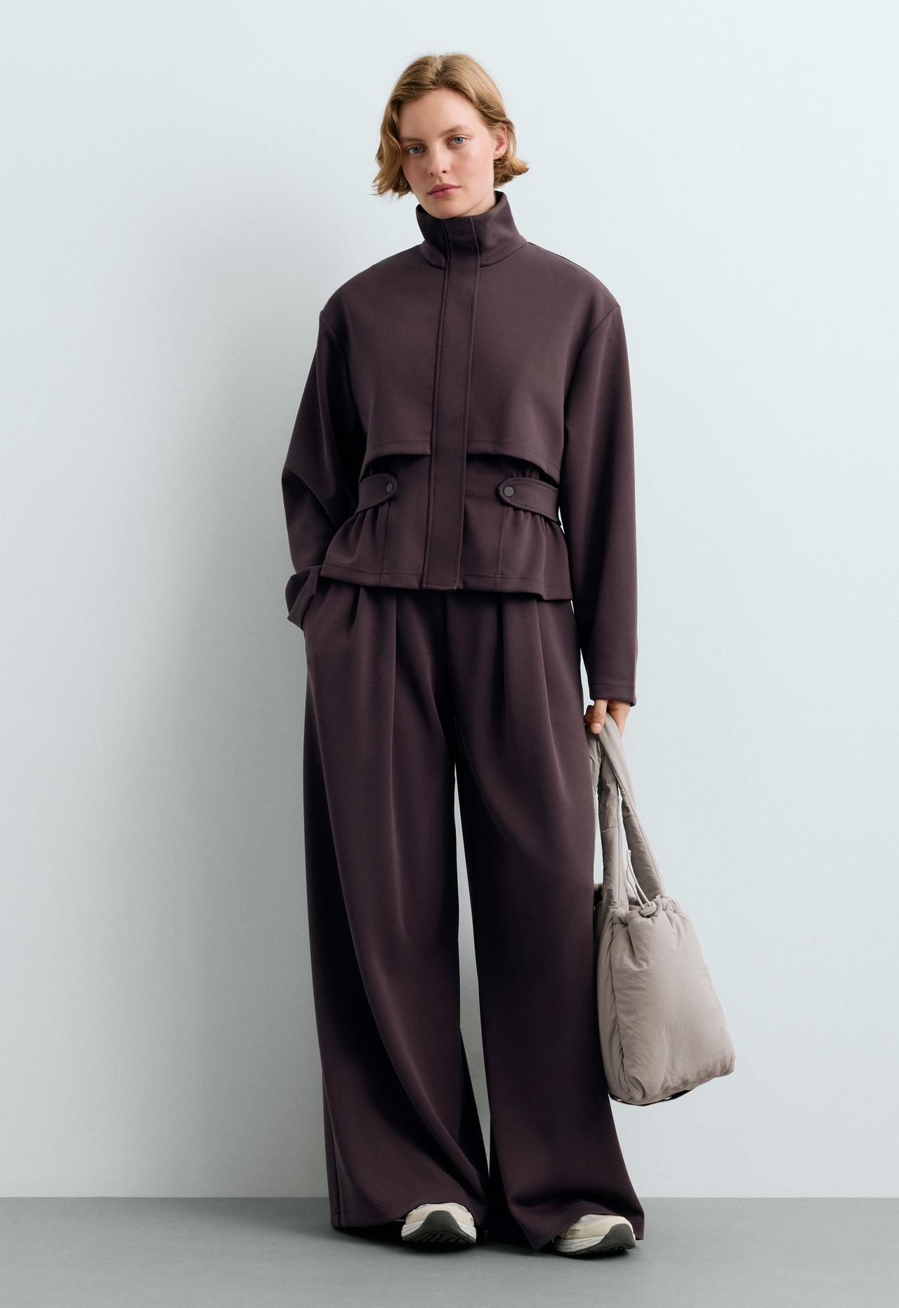 Short piqué jacket with belt and modal — Purplish brown