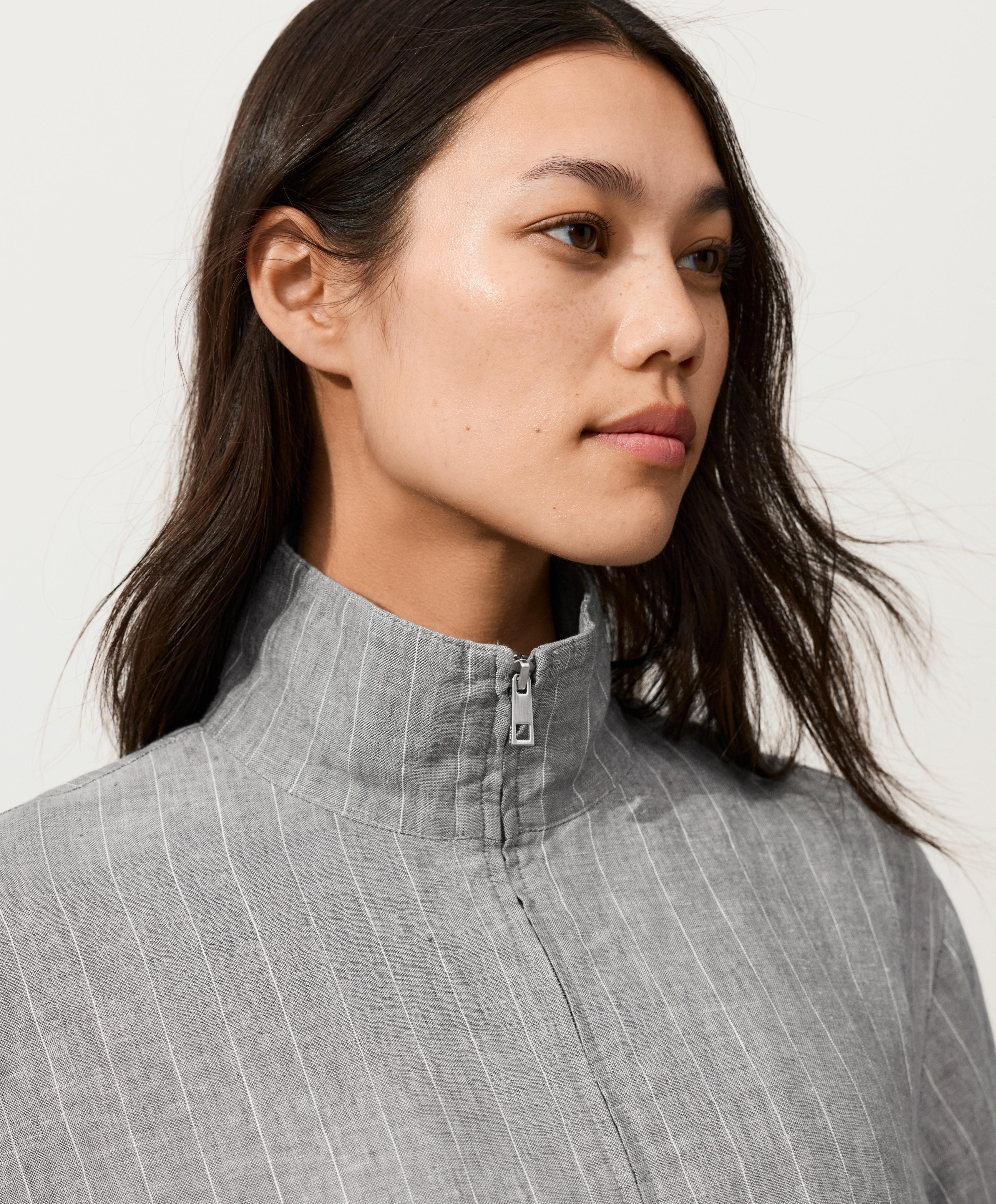 Pinstriped 100% linen high-neck jacket — MID GREY
