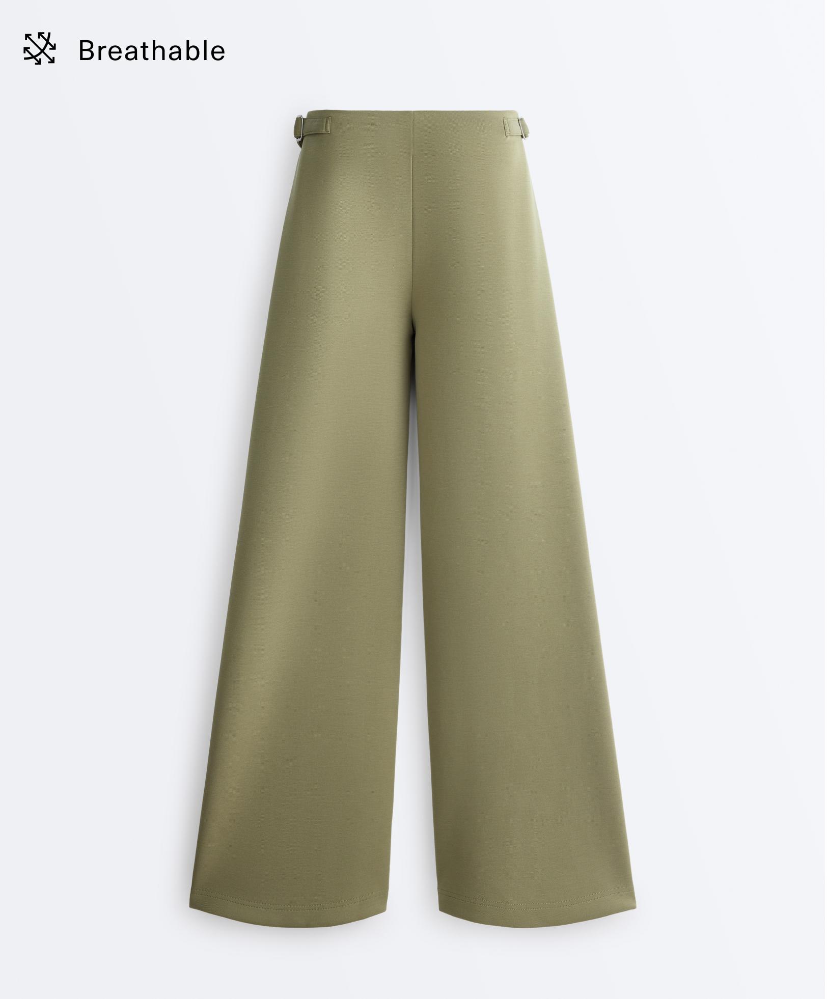 Wide-leg high rise pique trousers with buckles — YELLOW GREEN