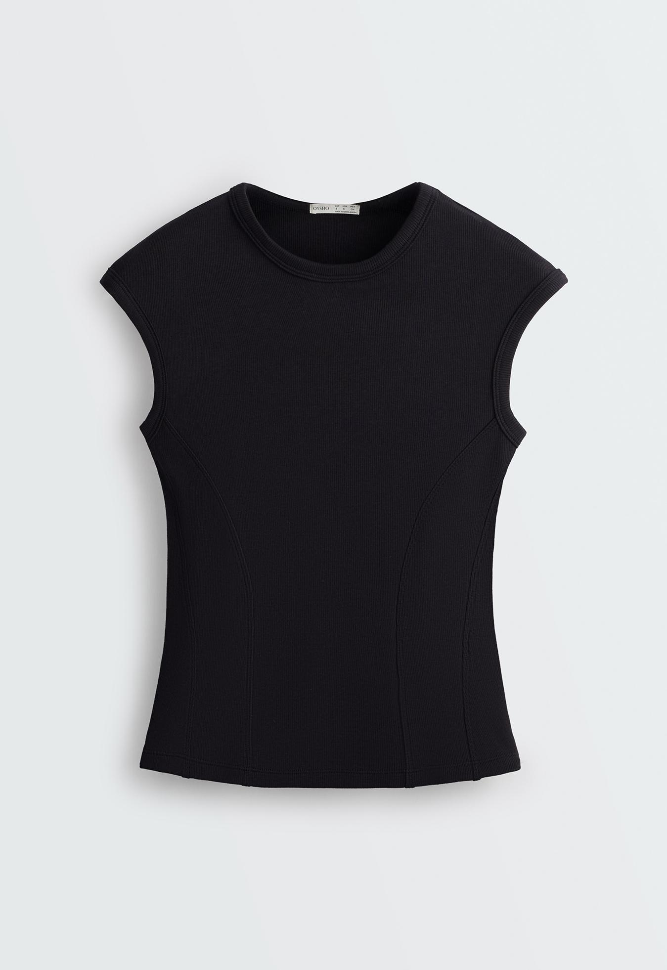 Short-sleeved rib top with cotton and modal — BLACK