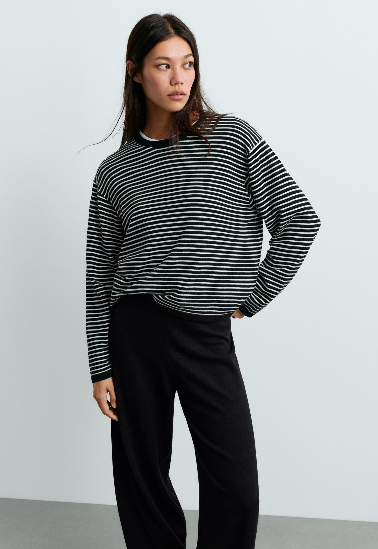 Fine striped knit jumper — BLACK