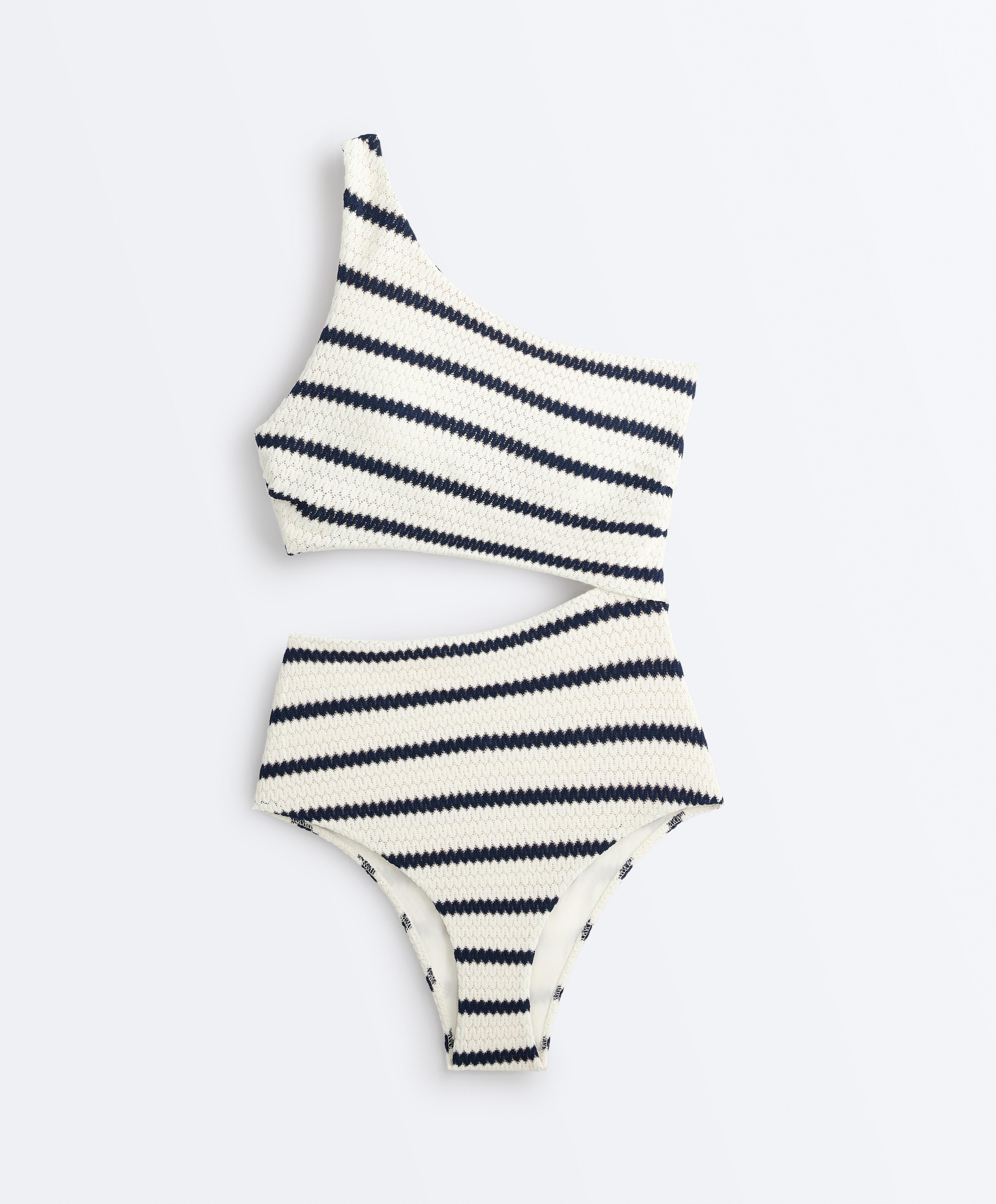 Crochet stripe asymmetric trikini — PALE ECRU