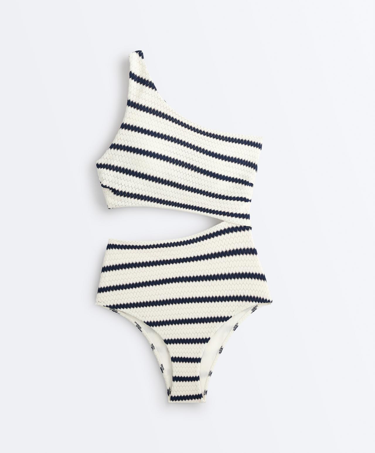Crochet stripe asymmetric trikini — PALE ECRU