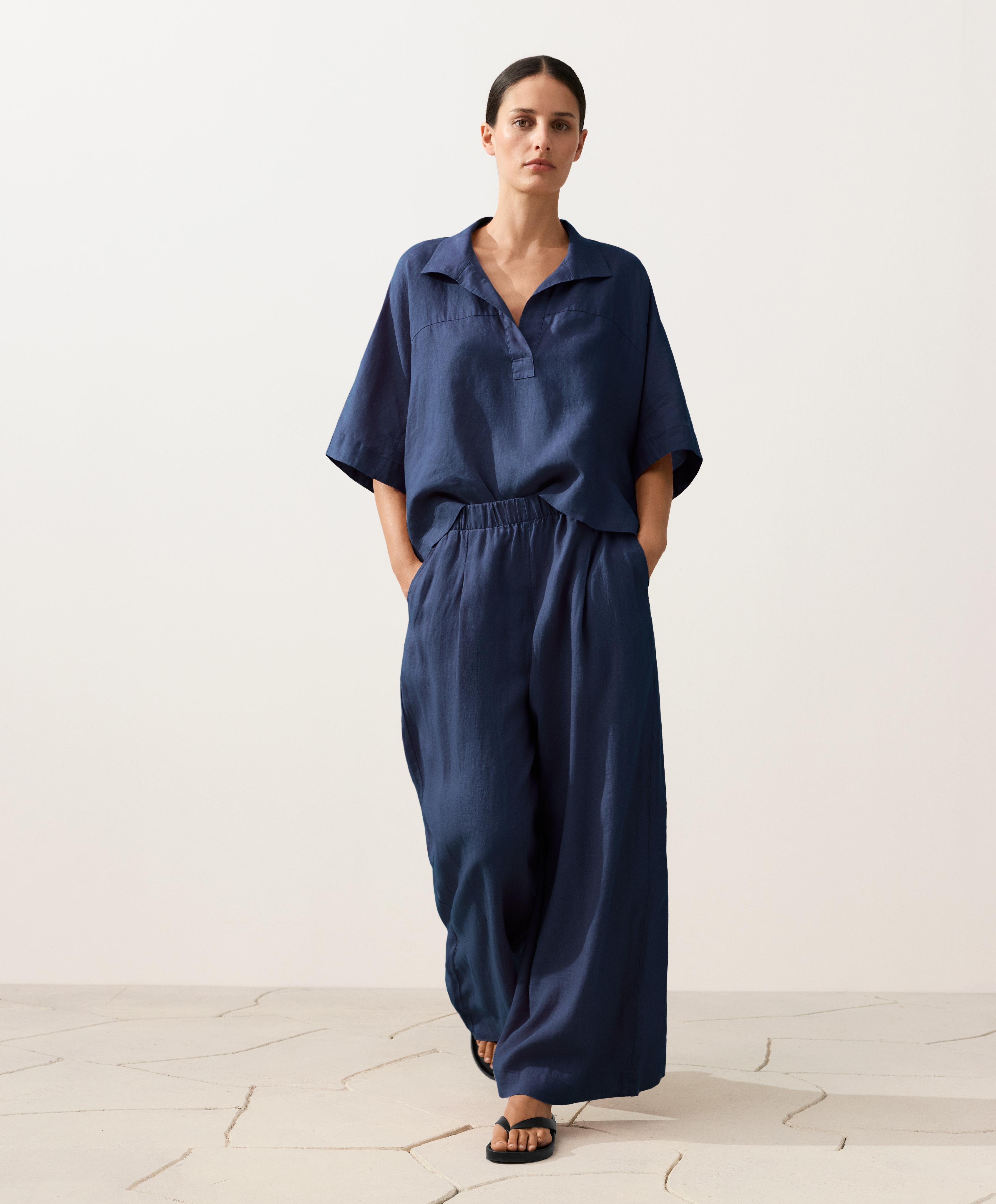 Oversize 100% linen polo shirt — NAVY