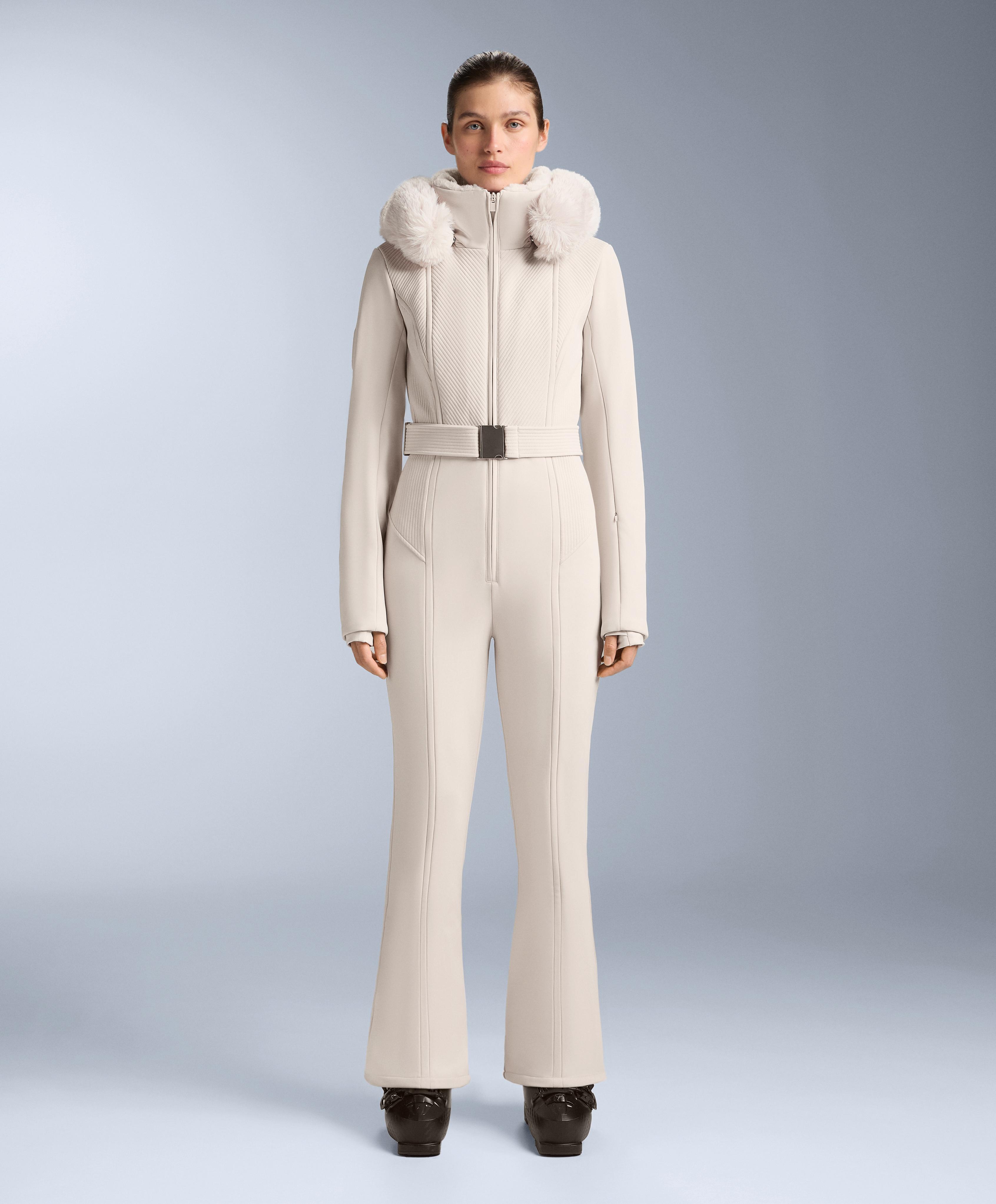 Water-resistant fitted stretch SKI jumpsuit — PALE MINK