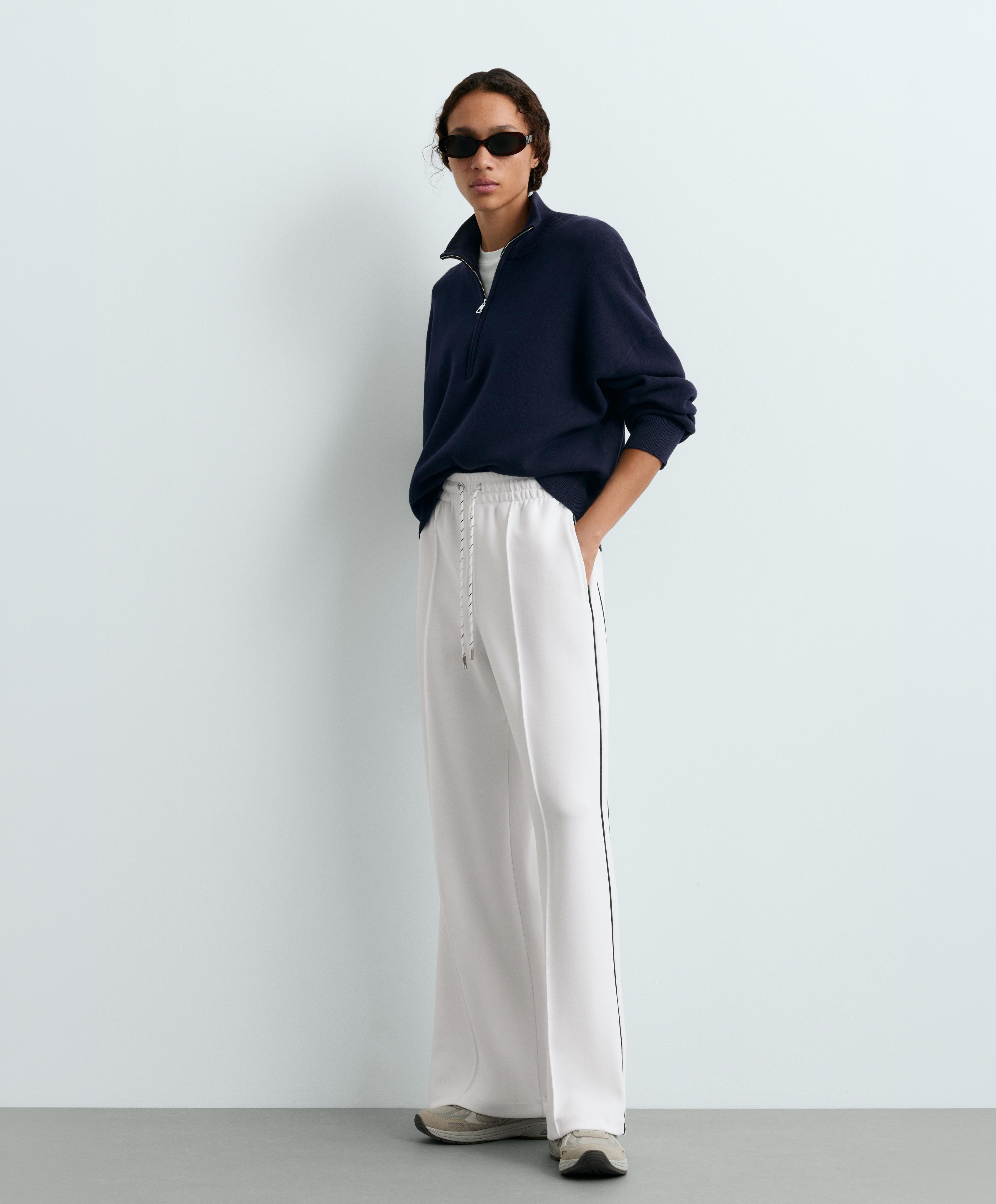 Cotton piqué straight-leg trousers with piping — WHITE 