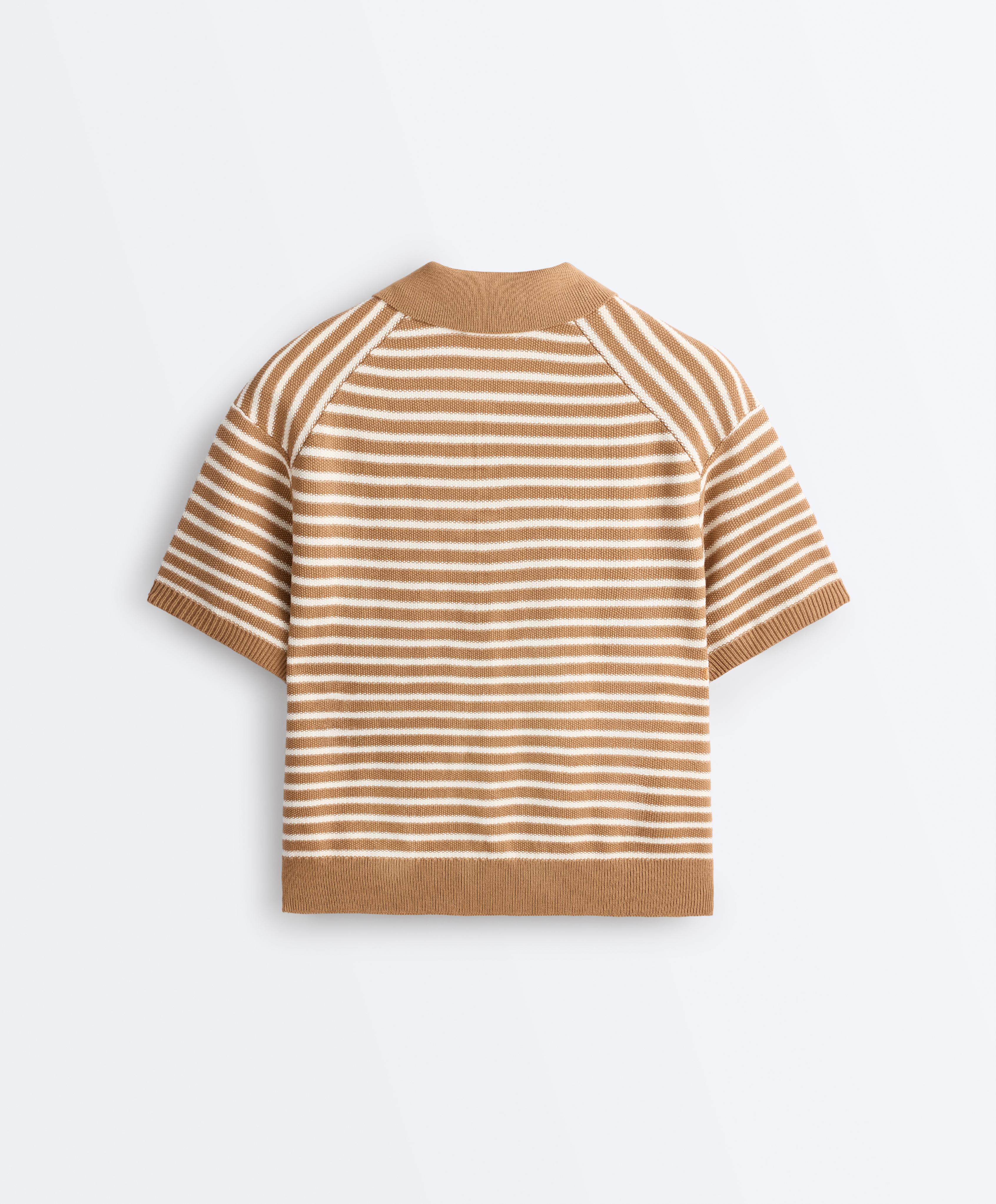 100% cotton striped knit polo shirt — PALE ECRU