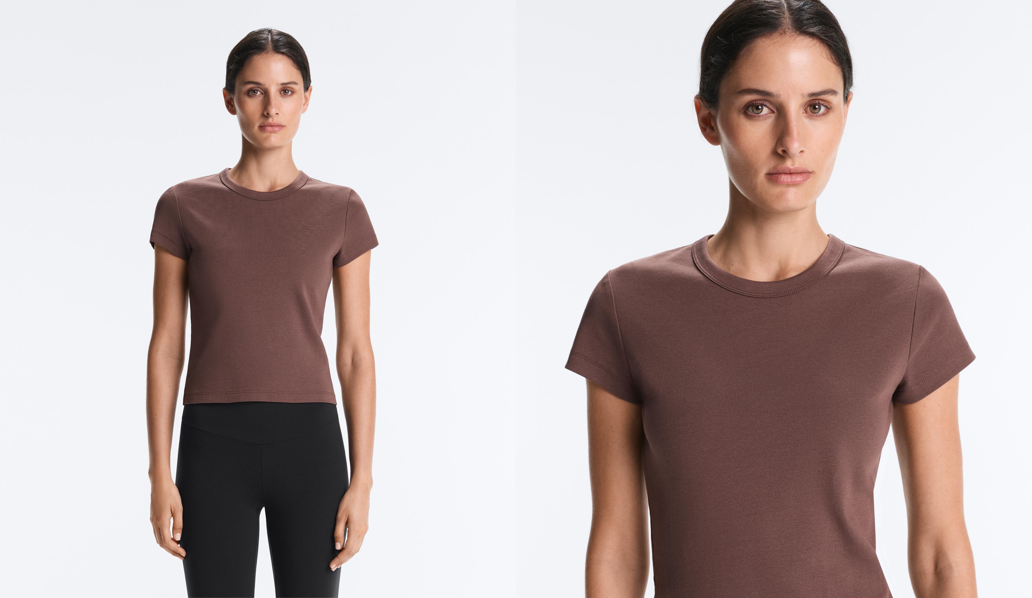 Fitted short sleeve rib T-shirt in cotton blend — MID-BROWN