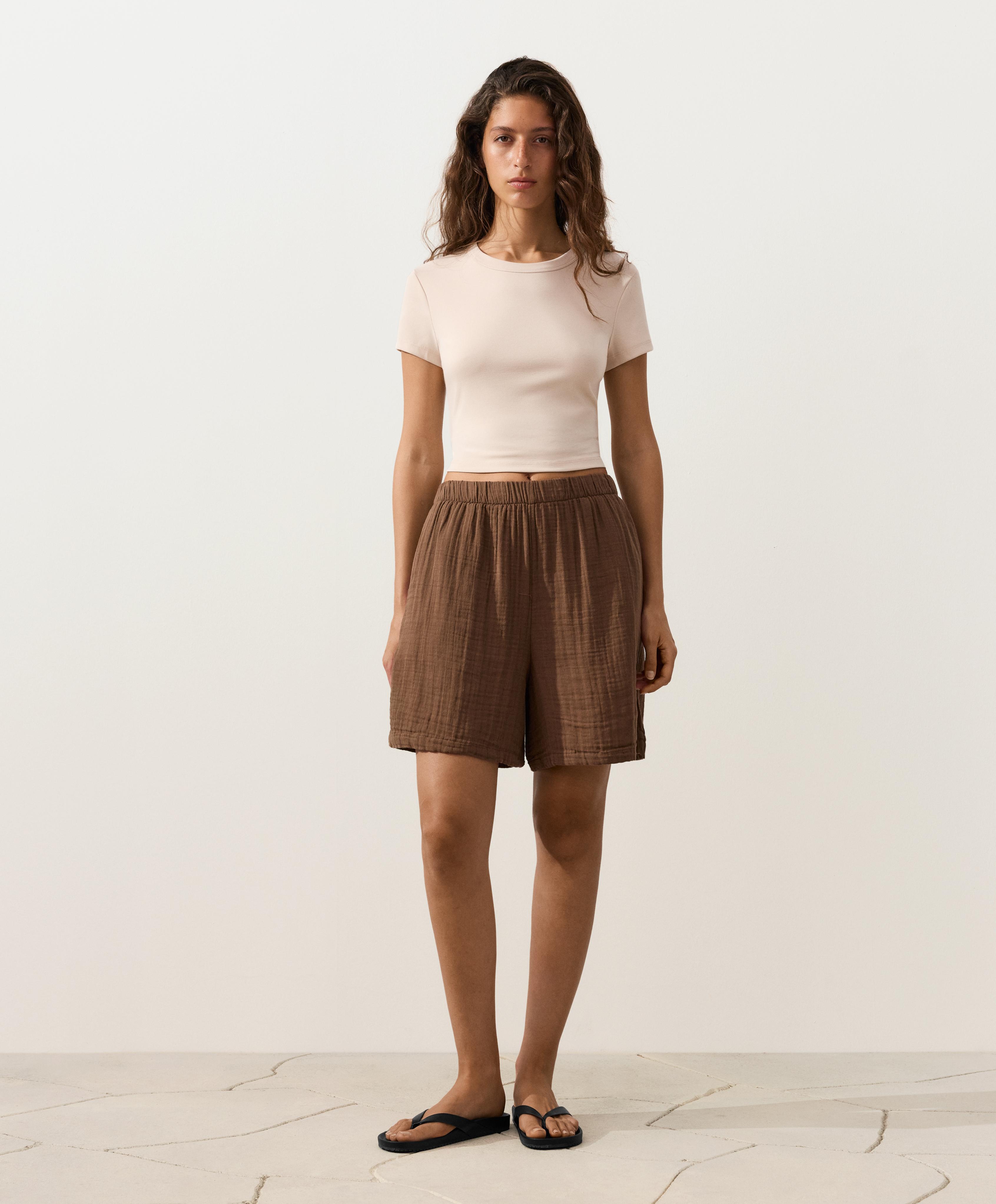 100% cotton gauze bermuda shorts — TAN
