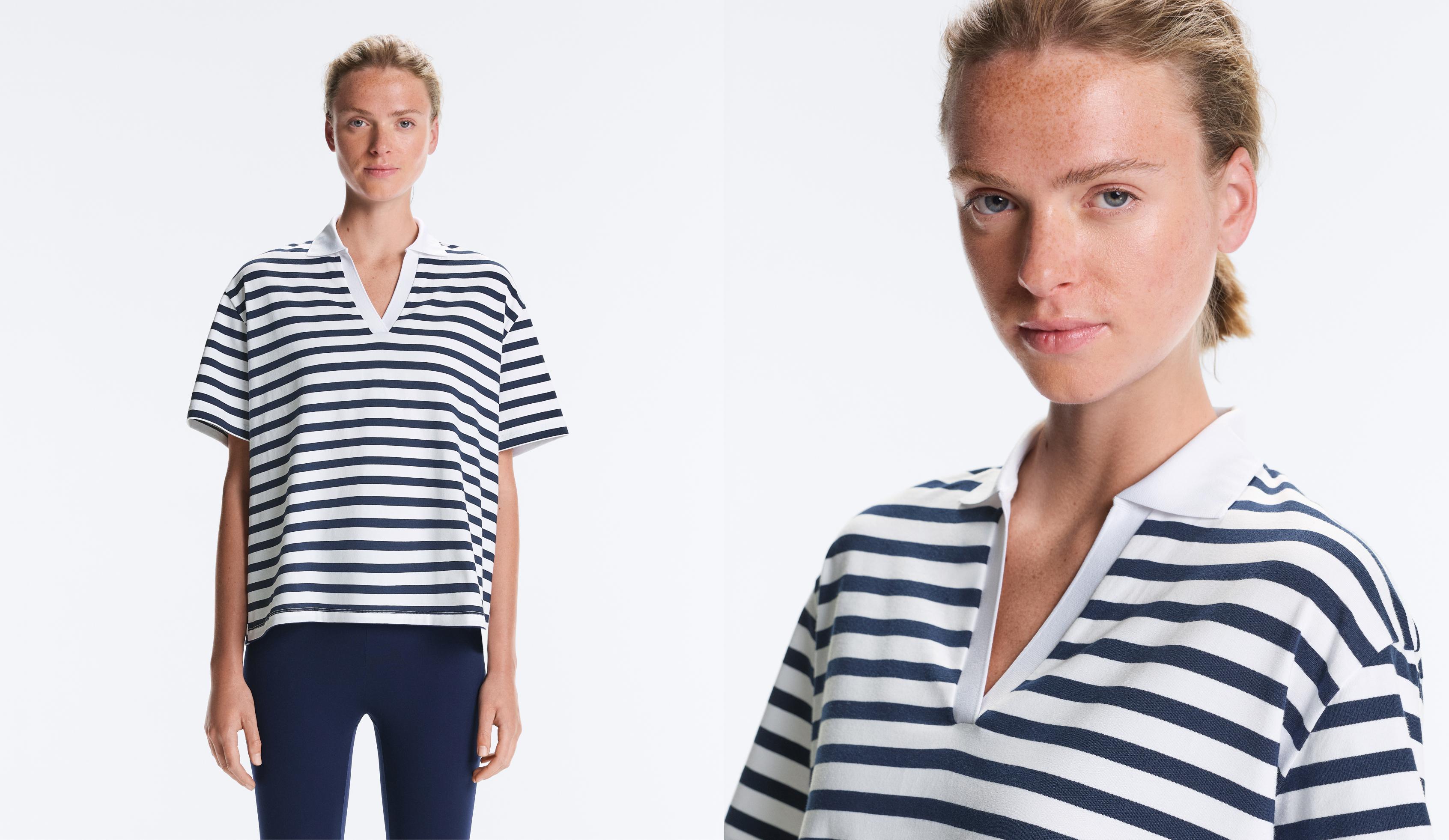 Boxy short-sleeved polo neck cotton blend T-shirt — NAVY BLUE