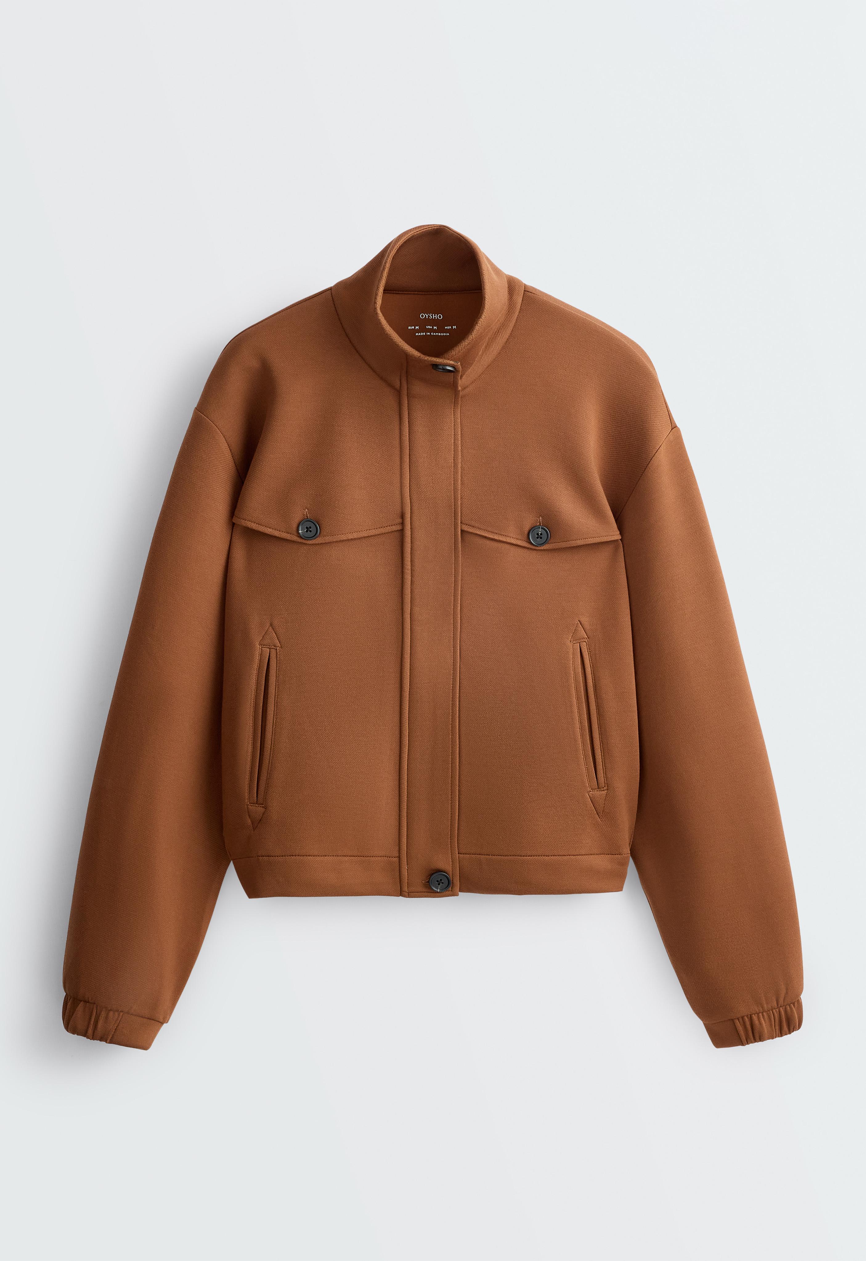 High-neck cropped jacket — COGNAC