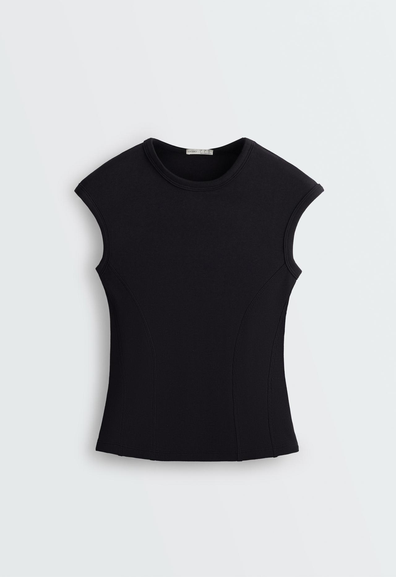 Short-sleeved rib top with cotton and modal — BLACK