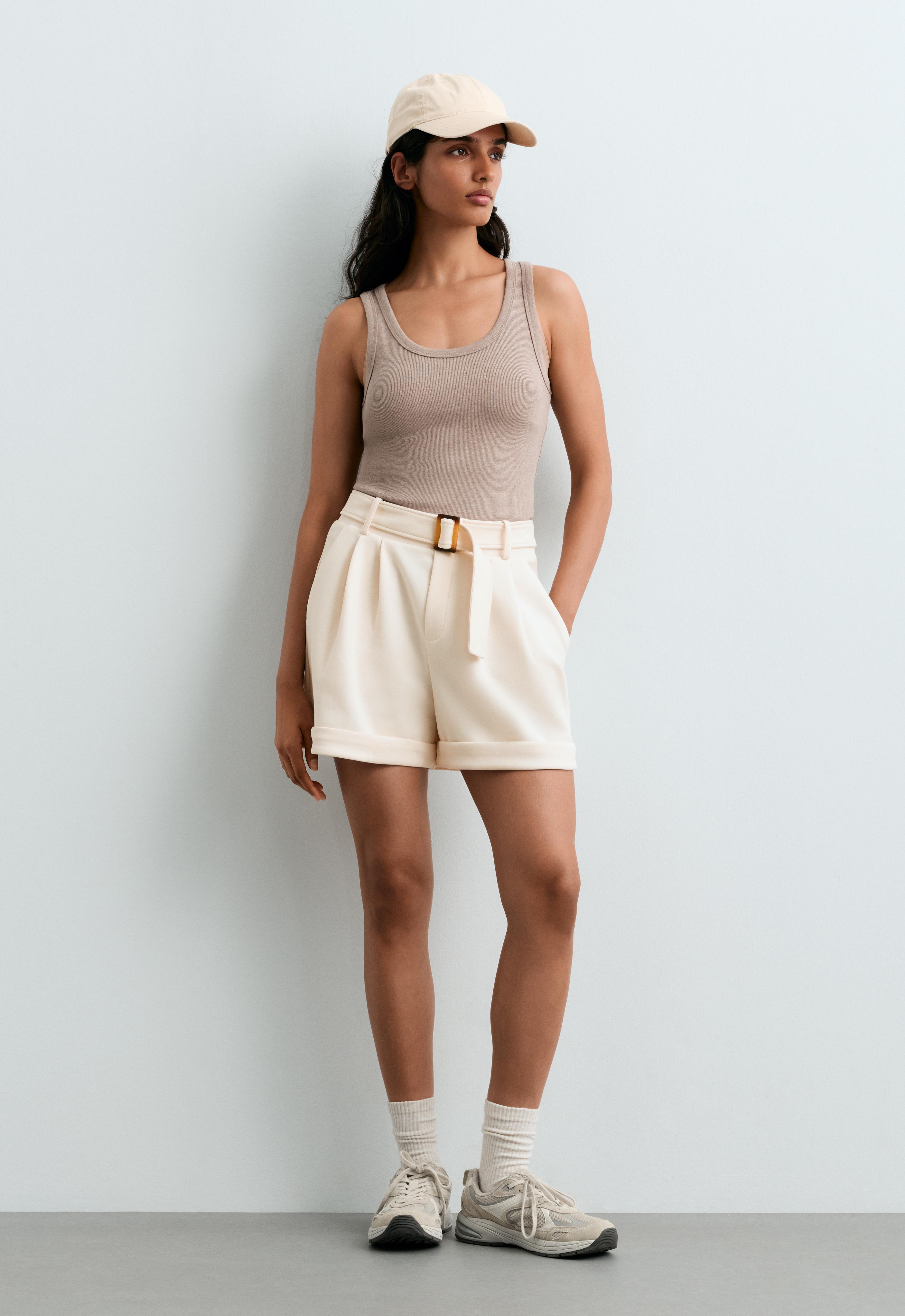 Cotton piqué belted shorts — PALE ECRU