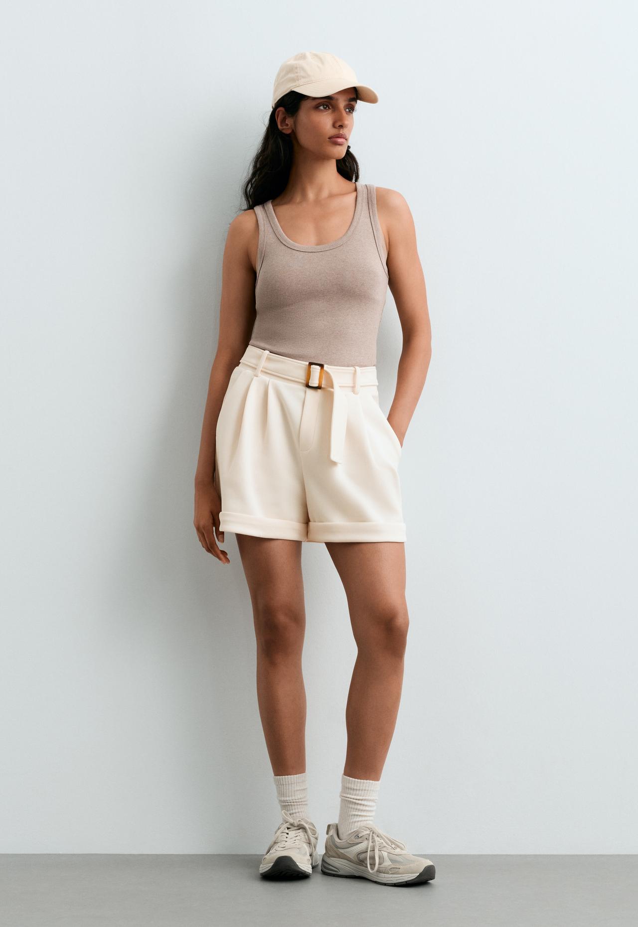 Cotton piqué belted shorts — PALE ECRU