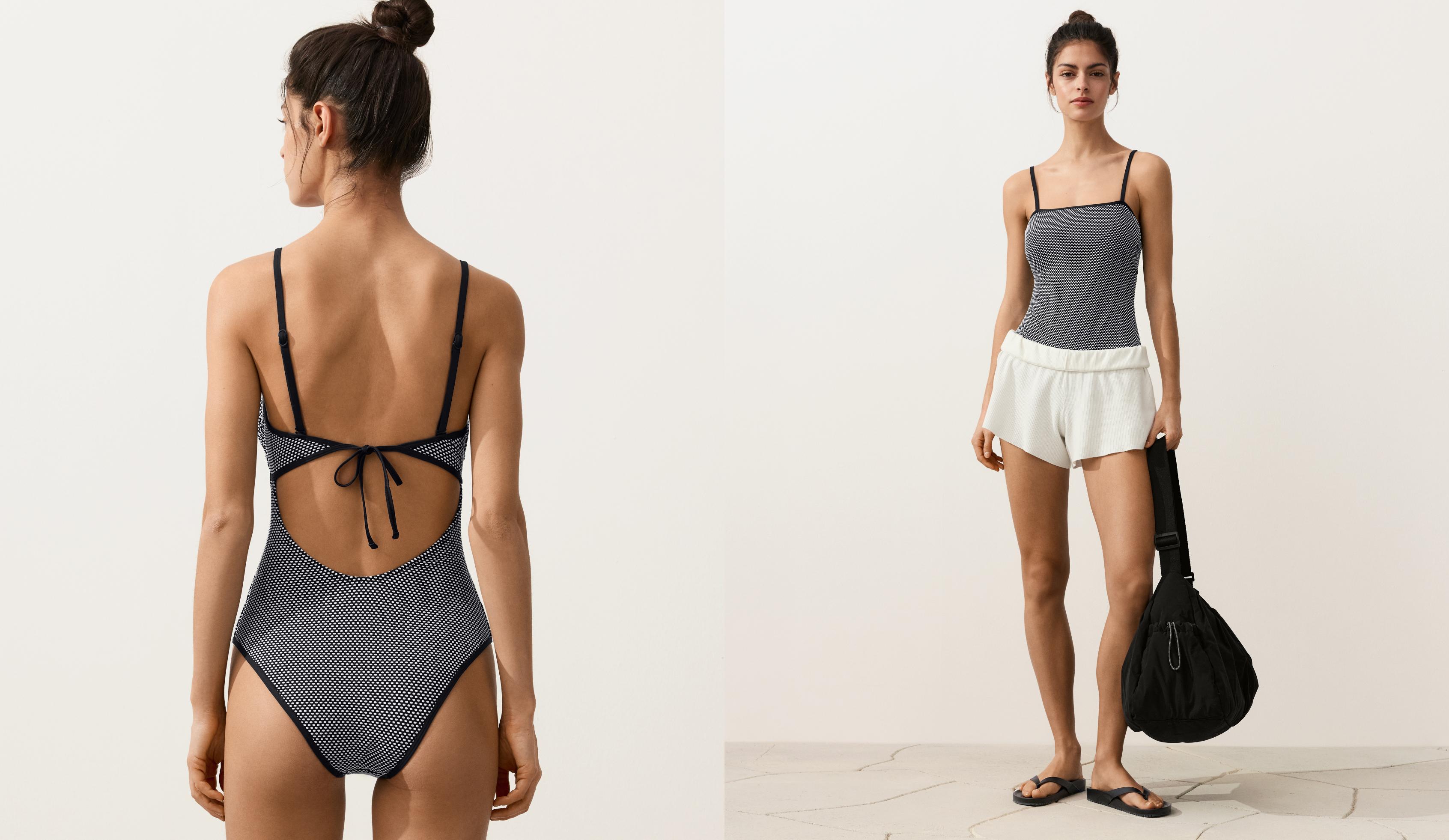 Polka dot jacquard bandeau swimsuit — BLACK