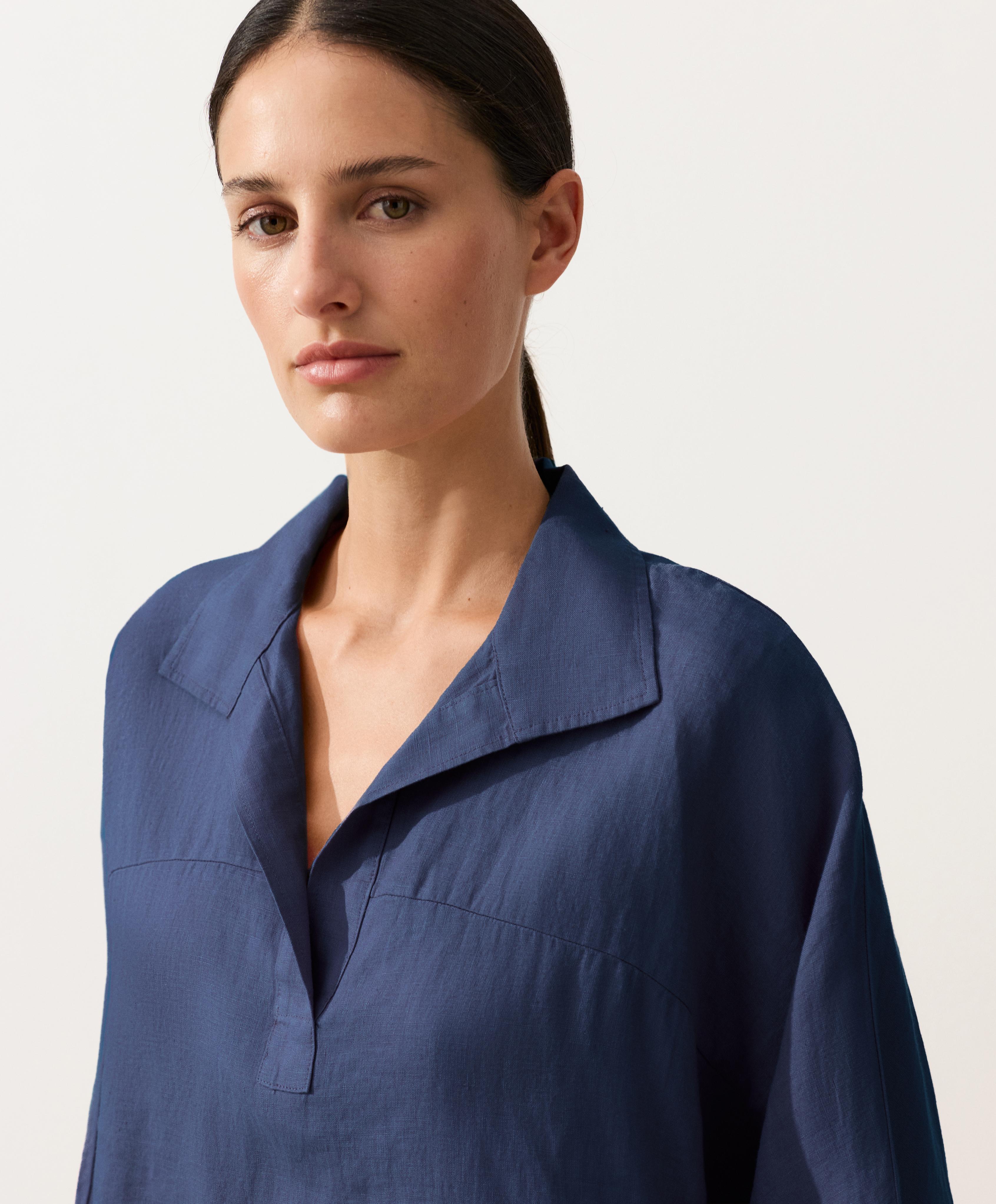 Oversize long-sleeve 100% linen polo shirt — NAVY