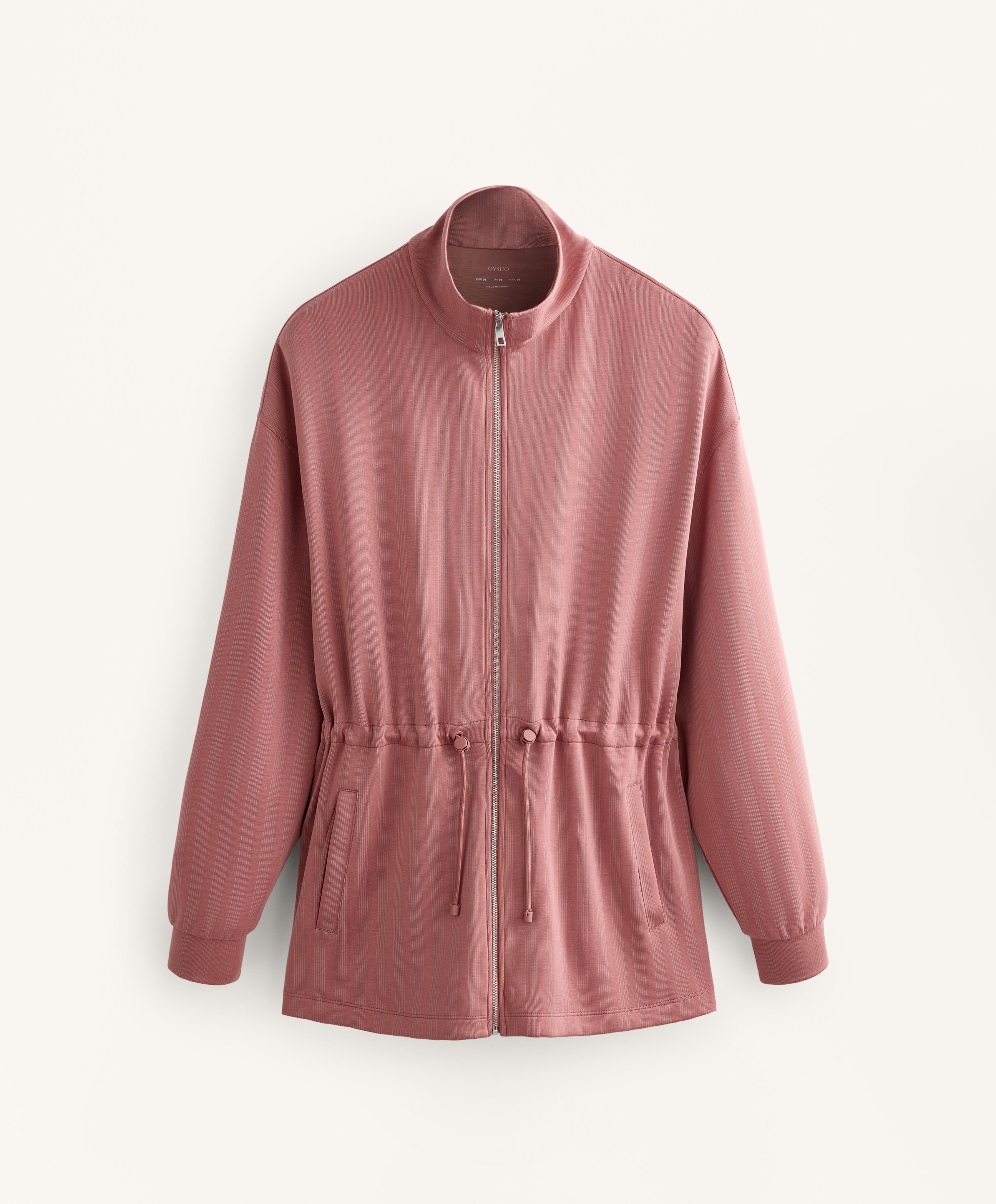 Long jacket with adjustable waist and striped texture — RUSSET MOCHA