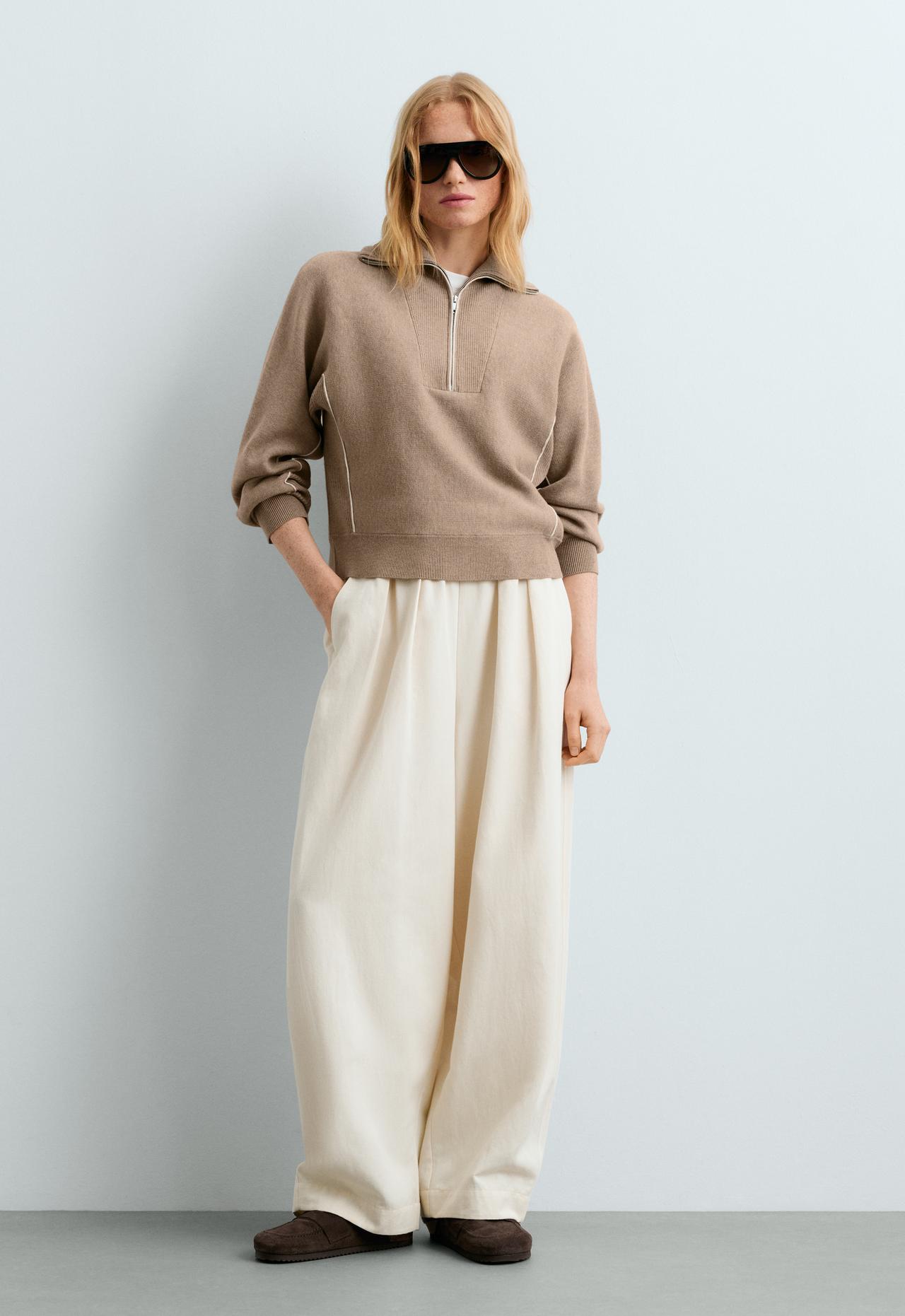 Half-zip knit jumper with piping — LIGHT MINK