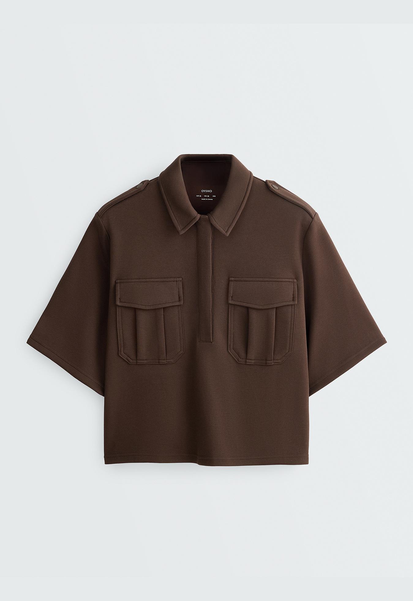Utility short-sleeve sweatshirt with cotton piqué — DARK BROWN