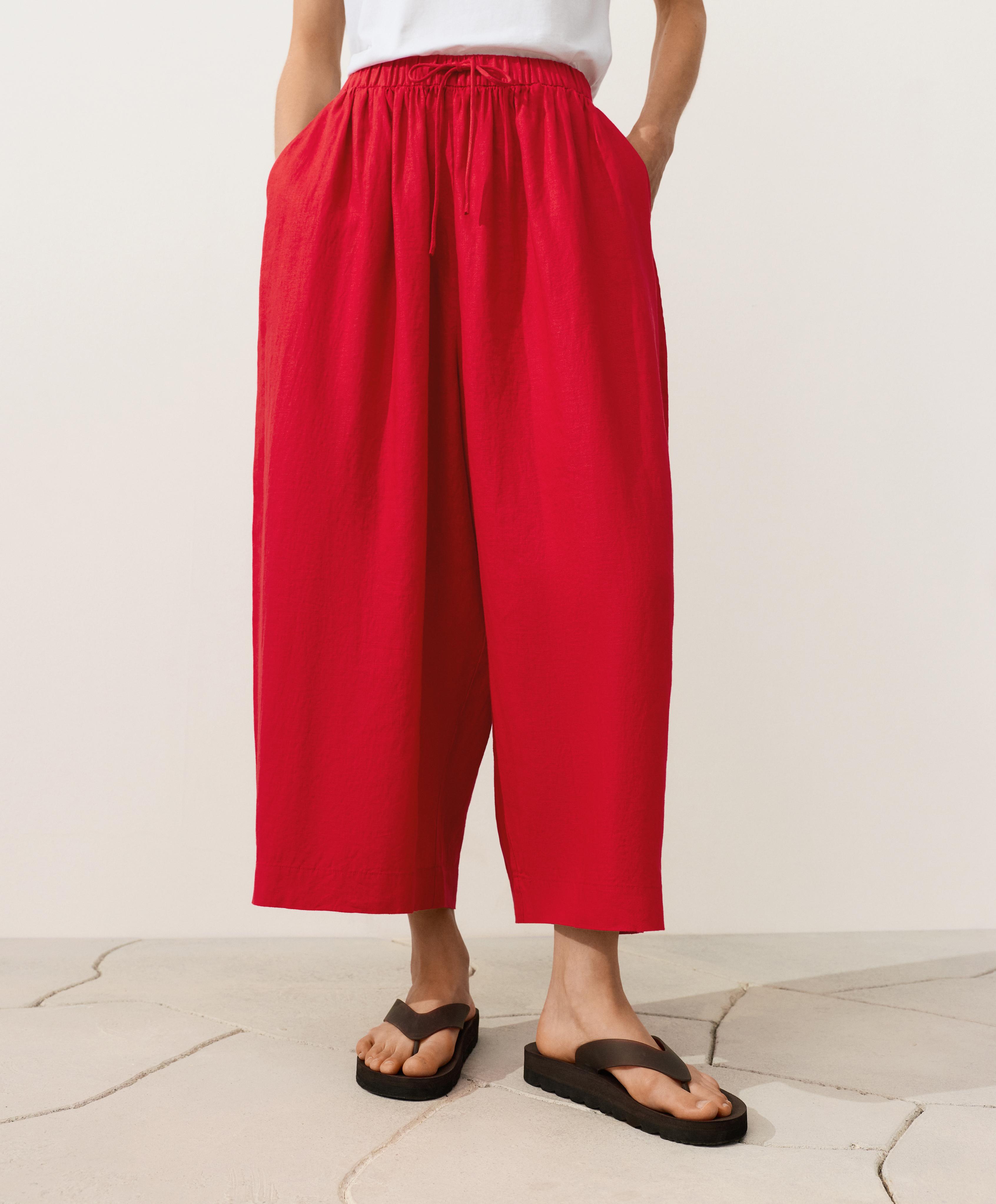 100% linen crop balloon trousers — BRIGHT RED