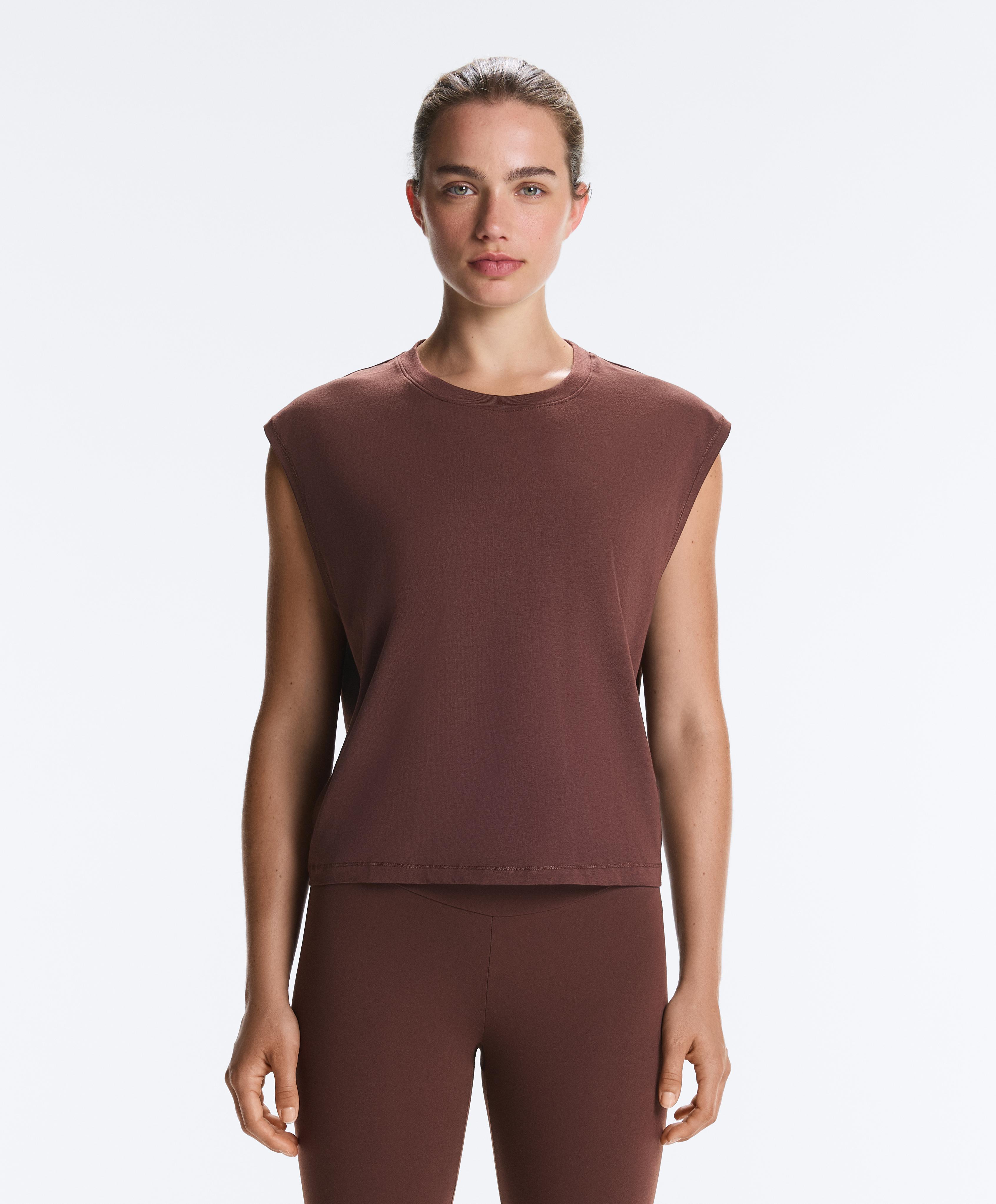 Cotton blend sleeveless T-shirt — CHOCOLATE