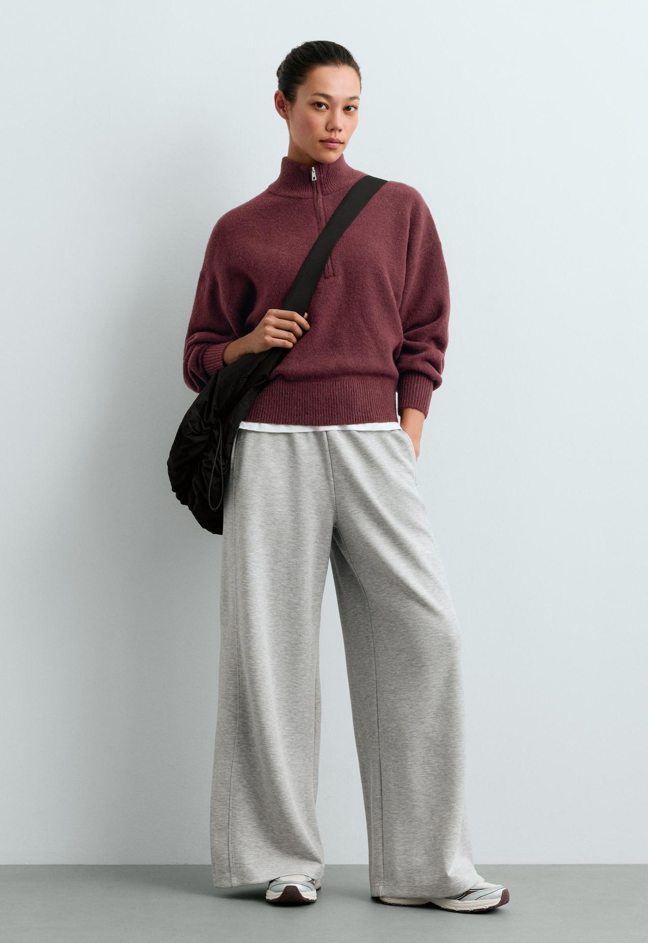 High-neck knit jumper with half-zip — BURGUNDY
