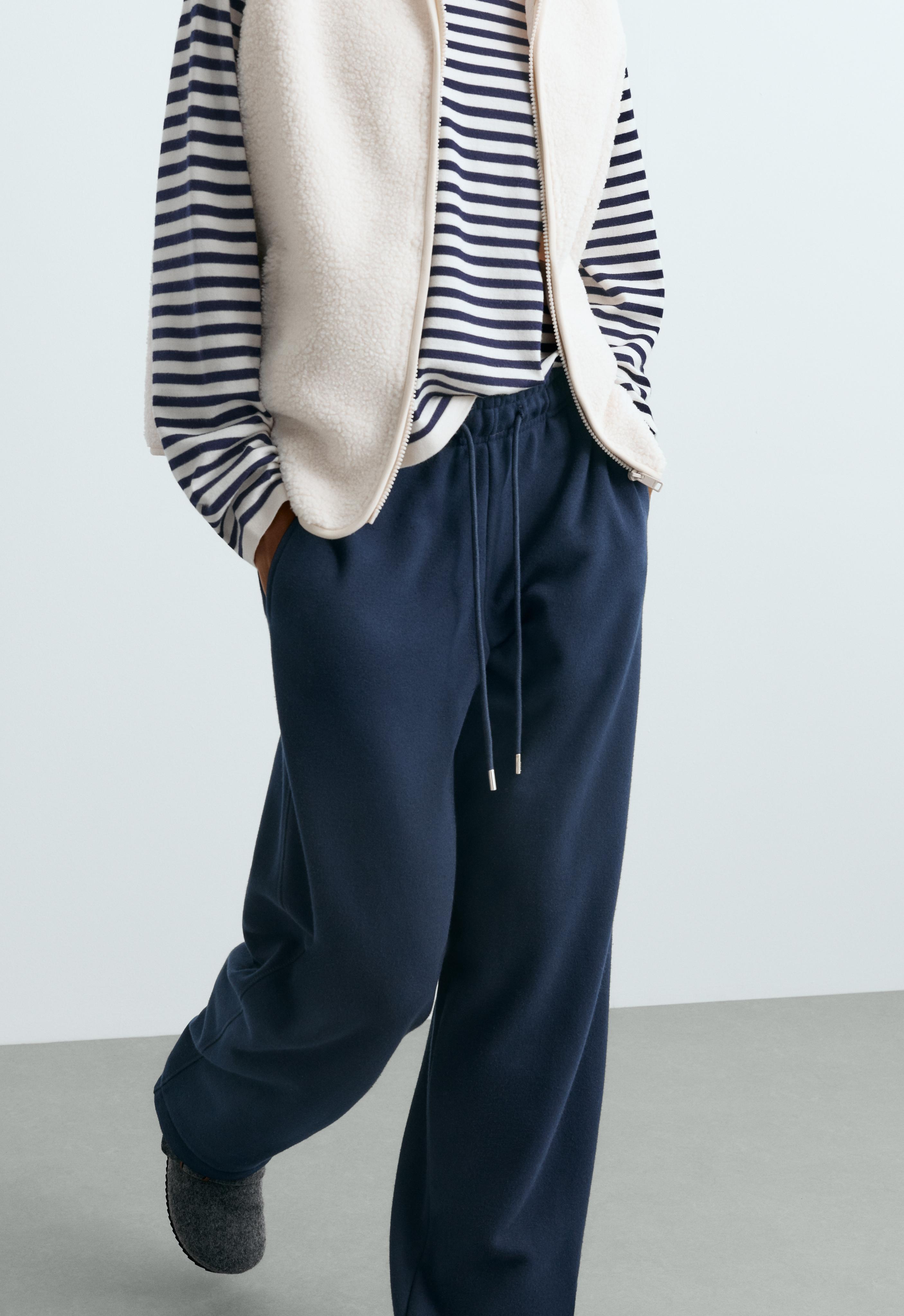 Cotton blend fleece straight-leg trousers — NAVY BLUE