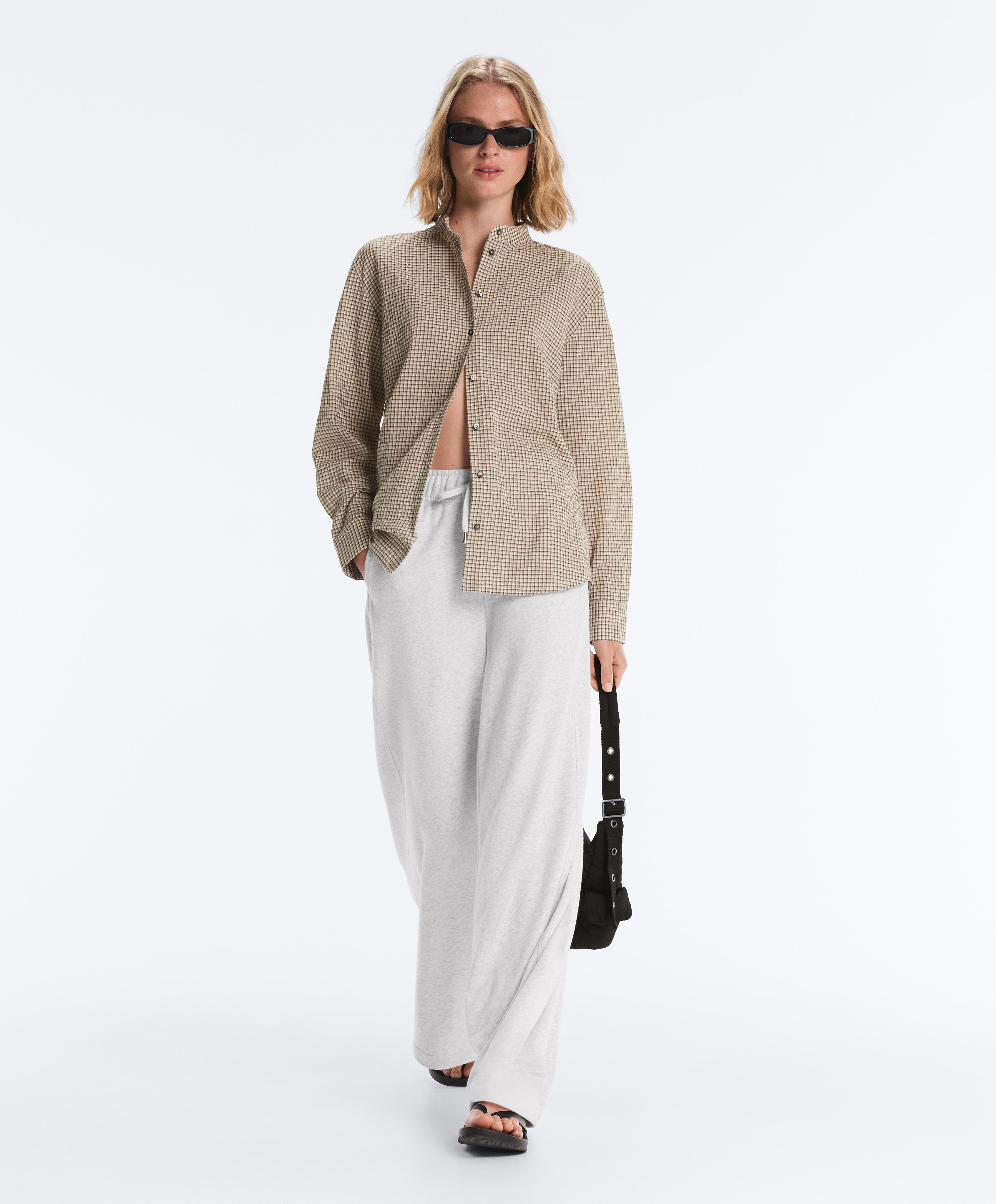 Check cotton blend stand-up collar shirt — BEIGE