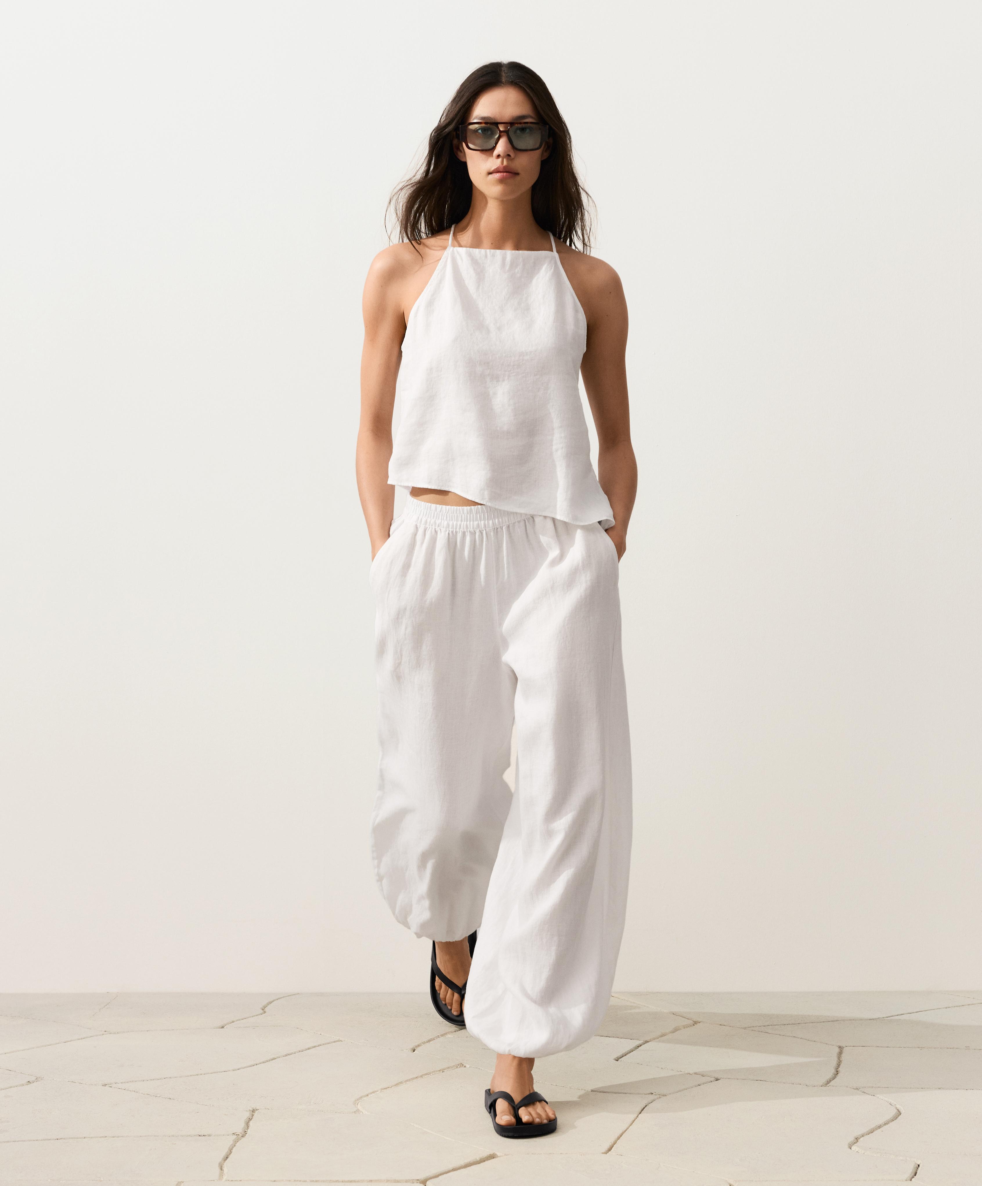 Asymmetric 100% linen sleeveless top — WHITE