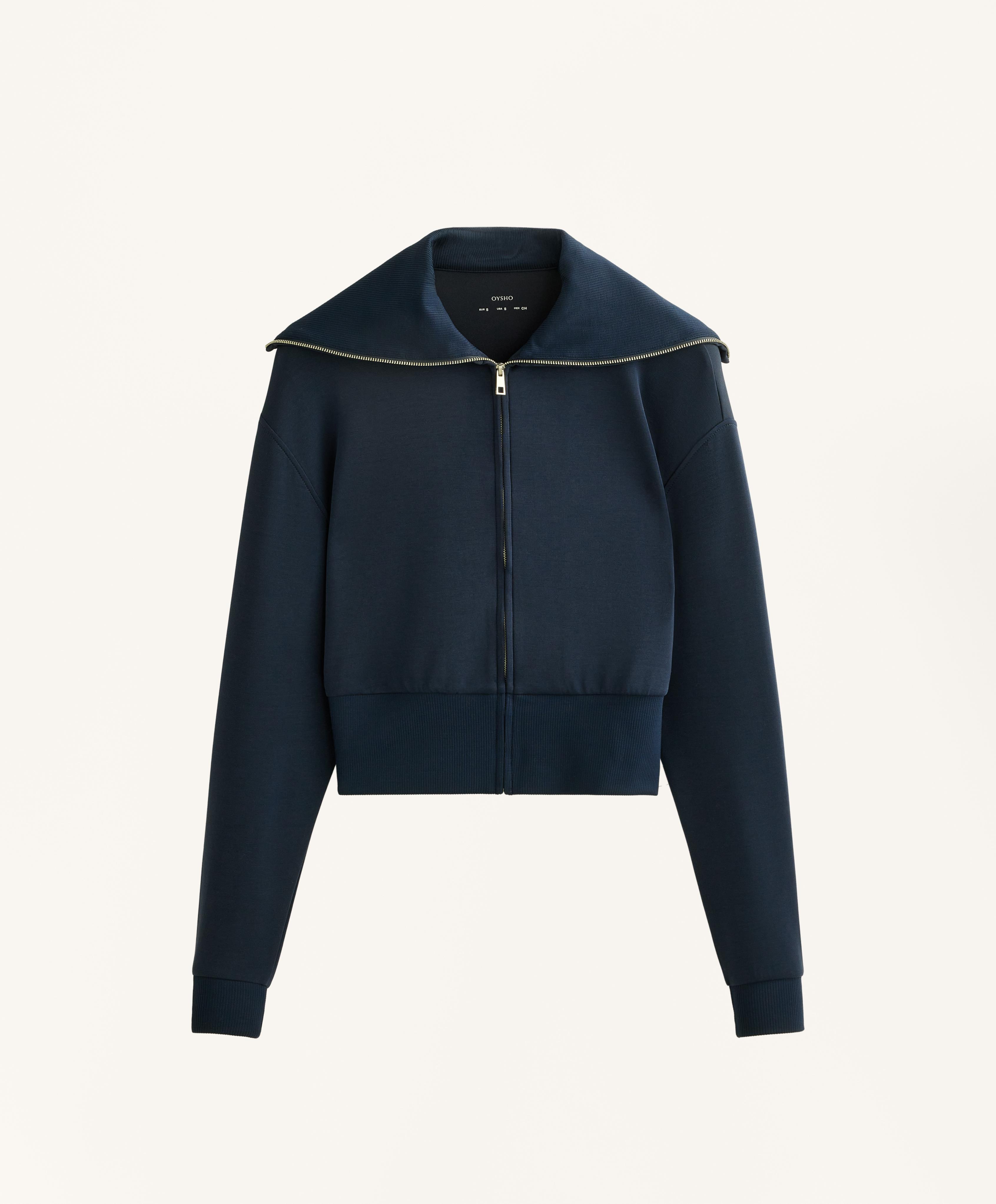 Fitted waist knit collar jacket with modal — NAVY BLUE