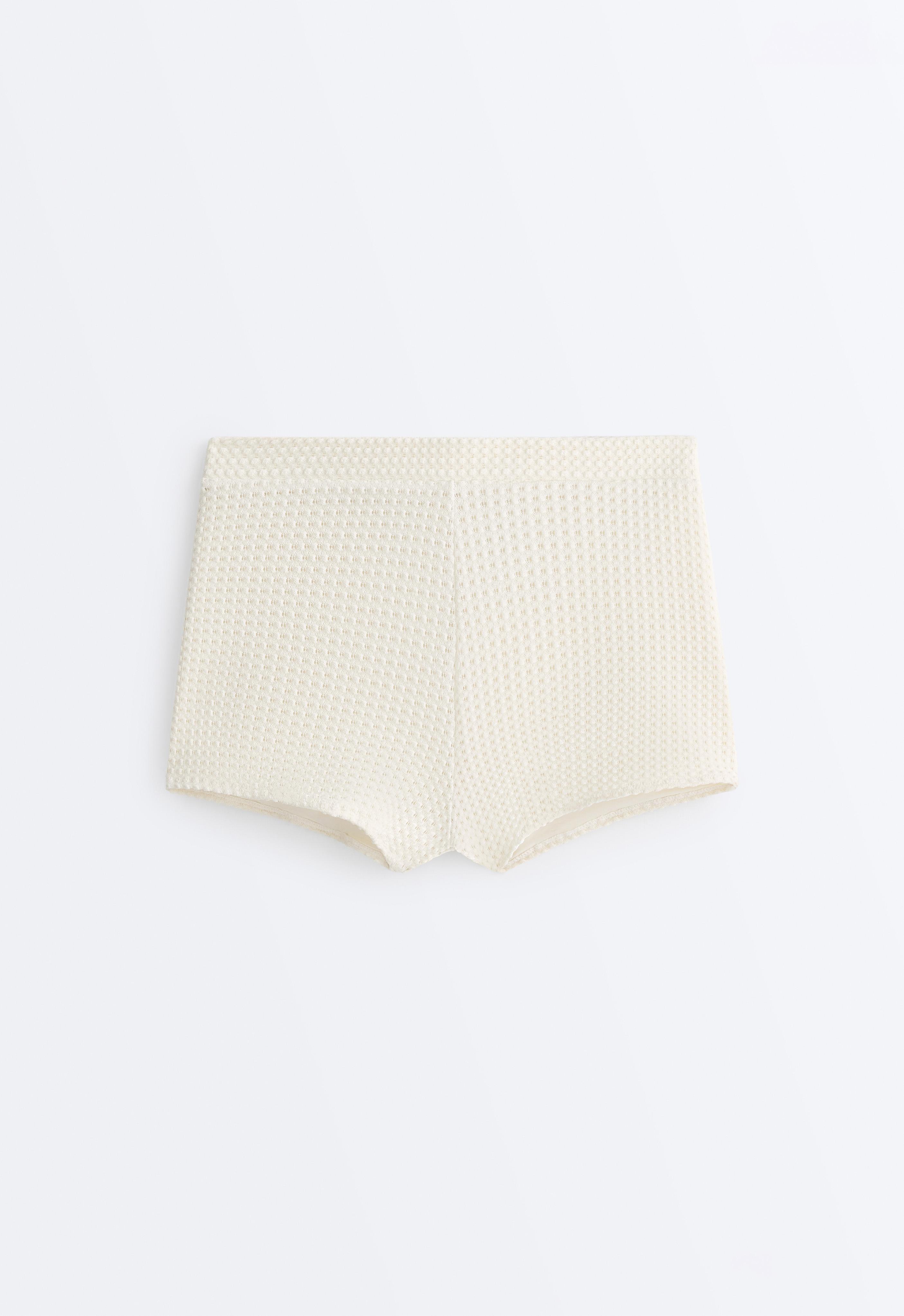 Bubble-texture crochet high-waisted bikini shorts — ECRU