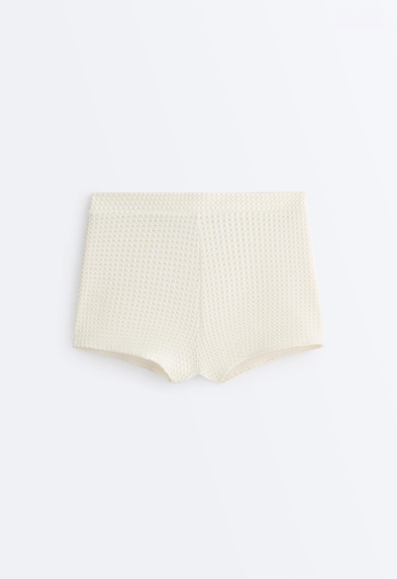 Bubble-texture crochet high-waisted bikini shorts — ECRU