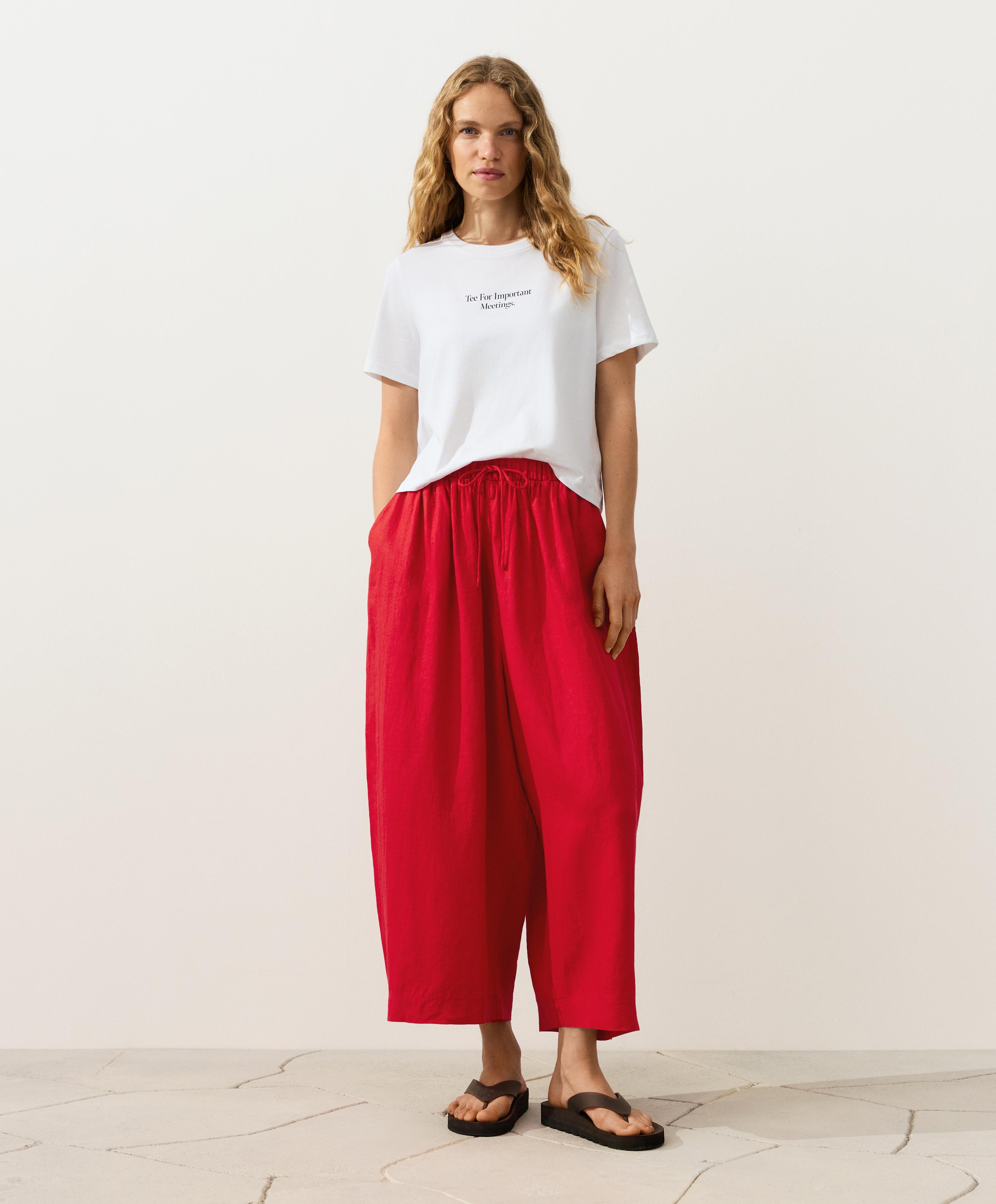 100% linen crop balloon trousers — BRIGHT RED