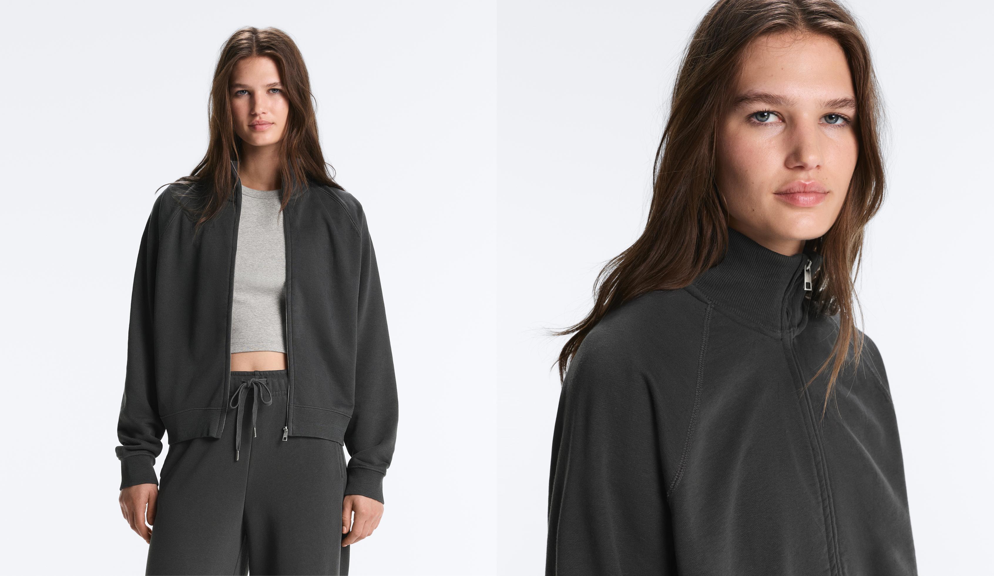 Cotton blend fleece high neck jacket — DARK ANTHRACITE