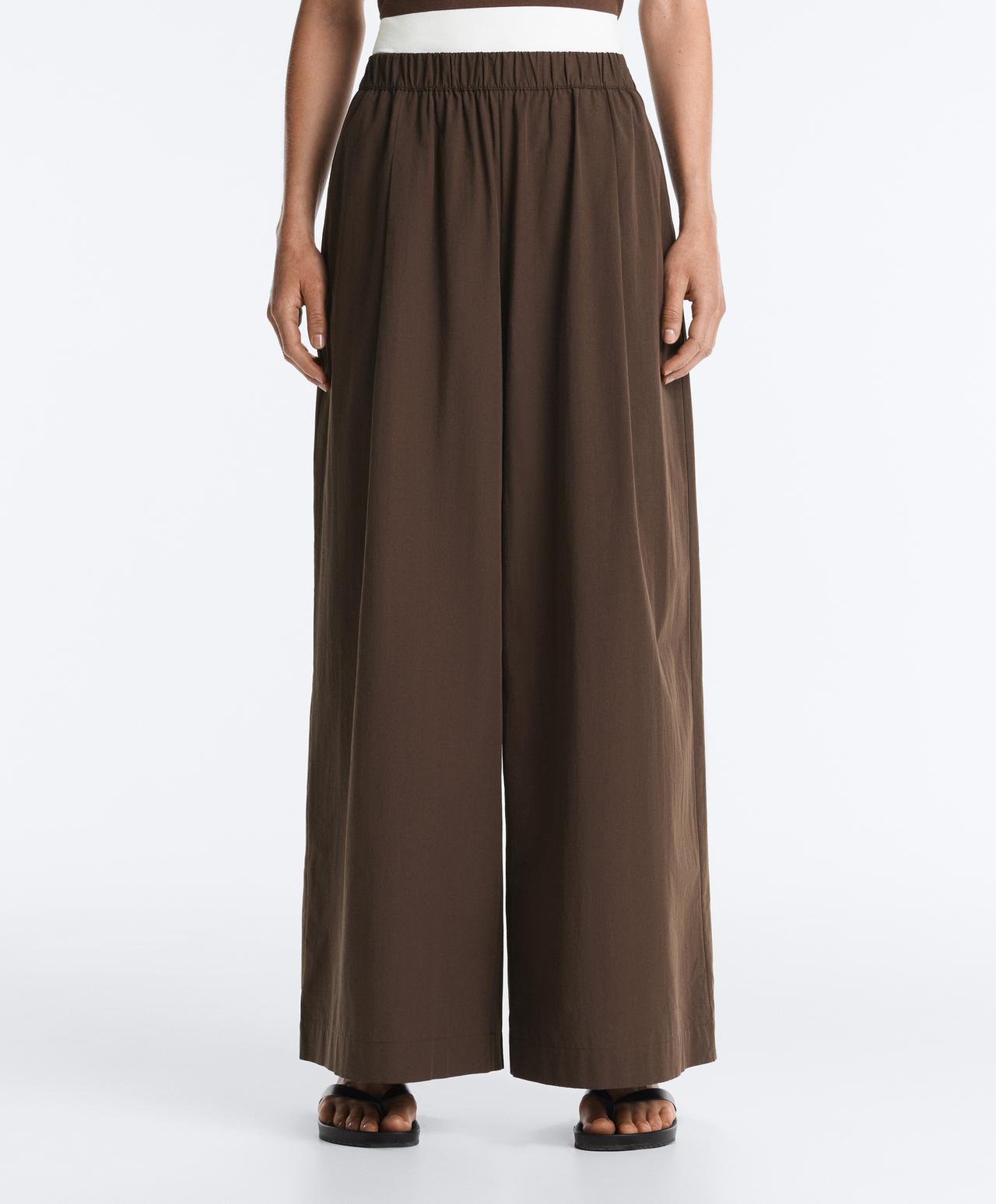 100% cotton poplin wide-leg trousers — DARK BROWN