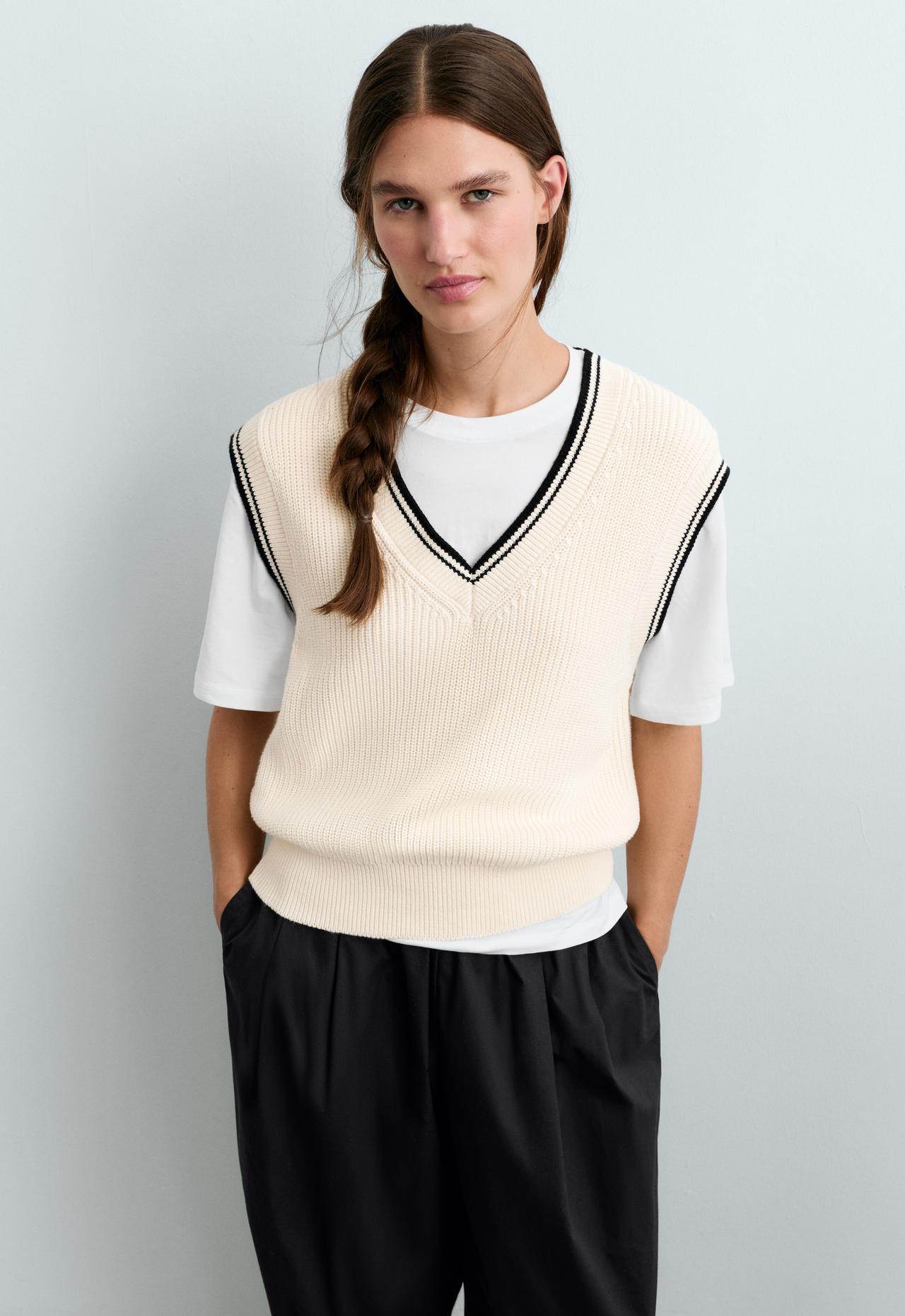 Contrast 100% cotton knit vest — PALE ECRU
