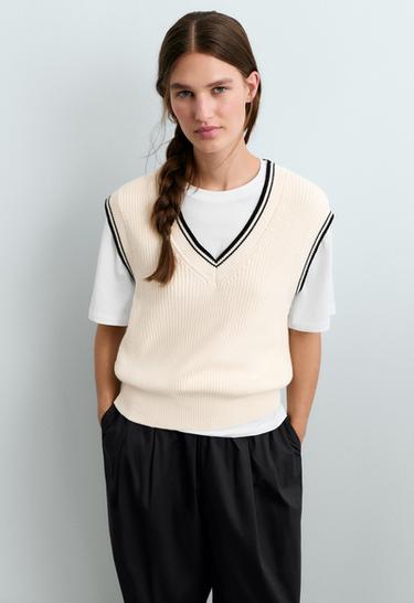 Contrast 100% cotton knit vest — PALE ECRU 2