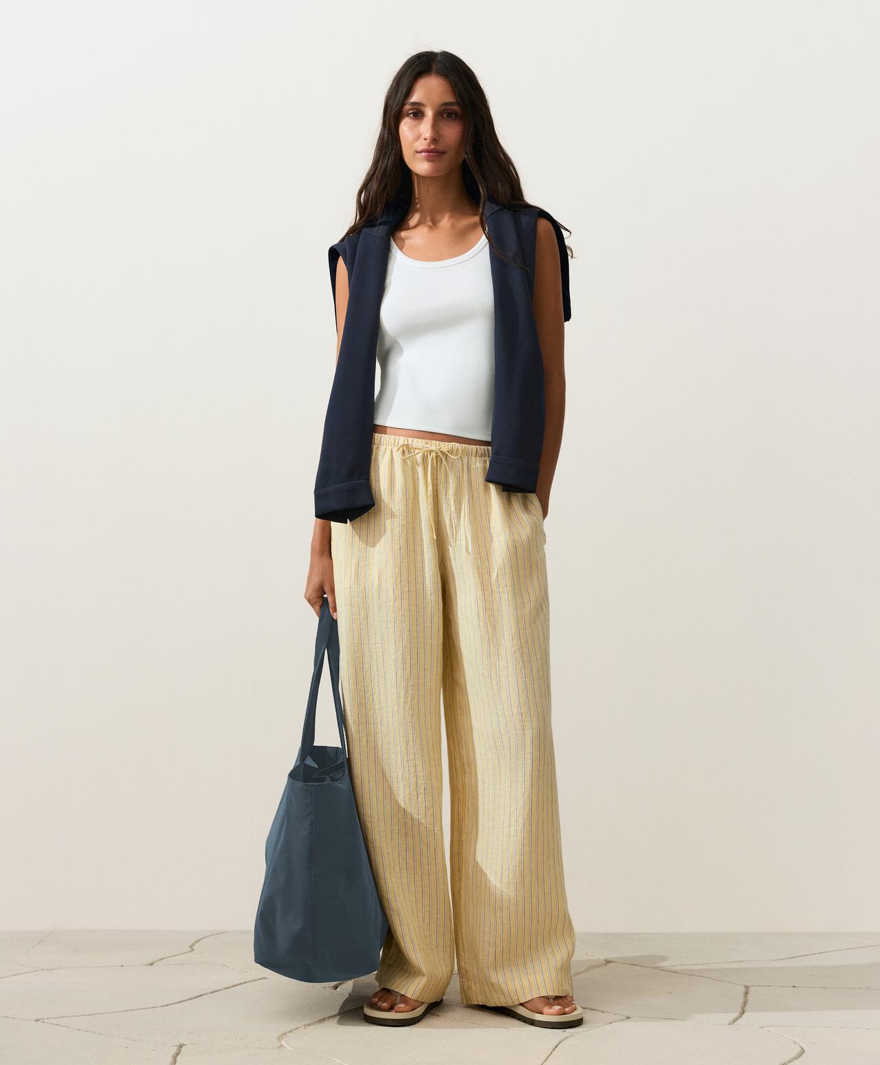 100% linen straight-leg print stripe trousers — SOFT YELLOW