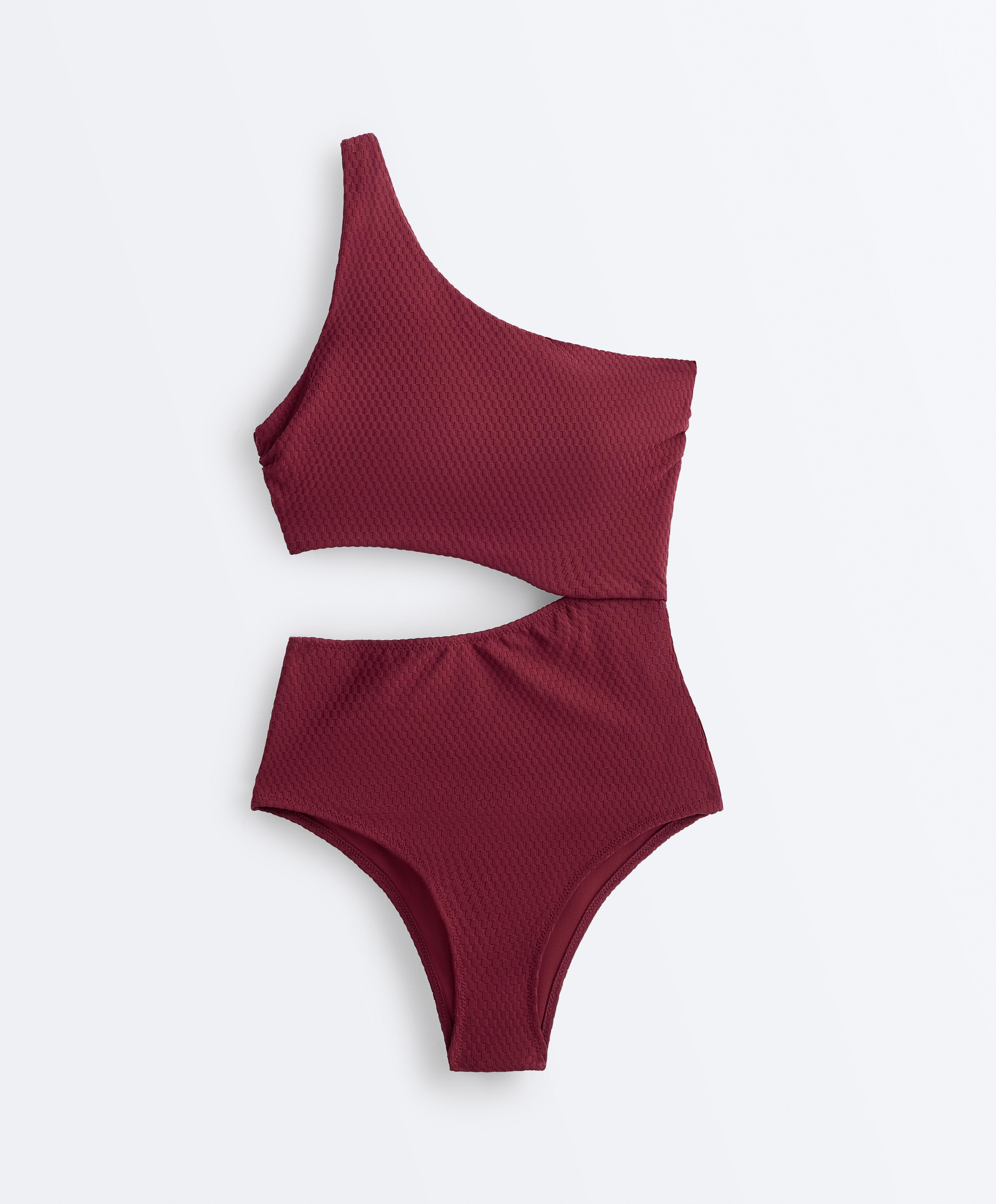 Mini check jacquard asymmetric trikini — CHERRY