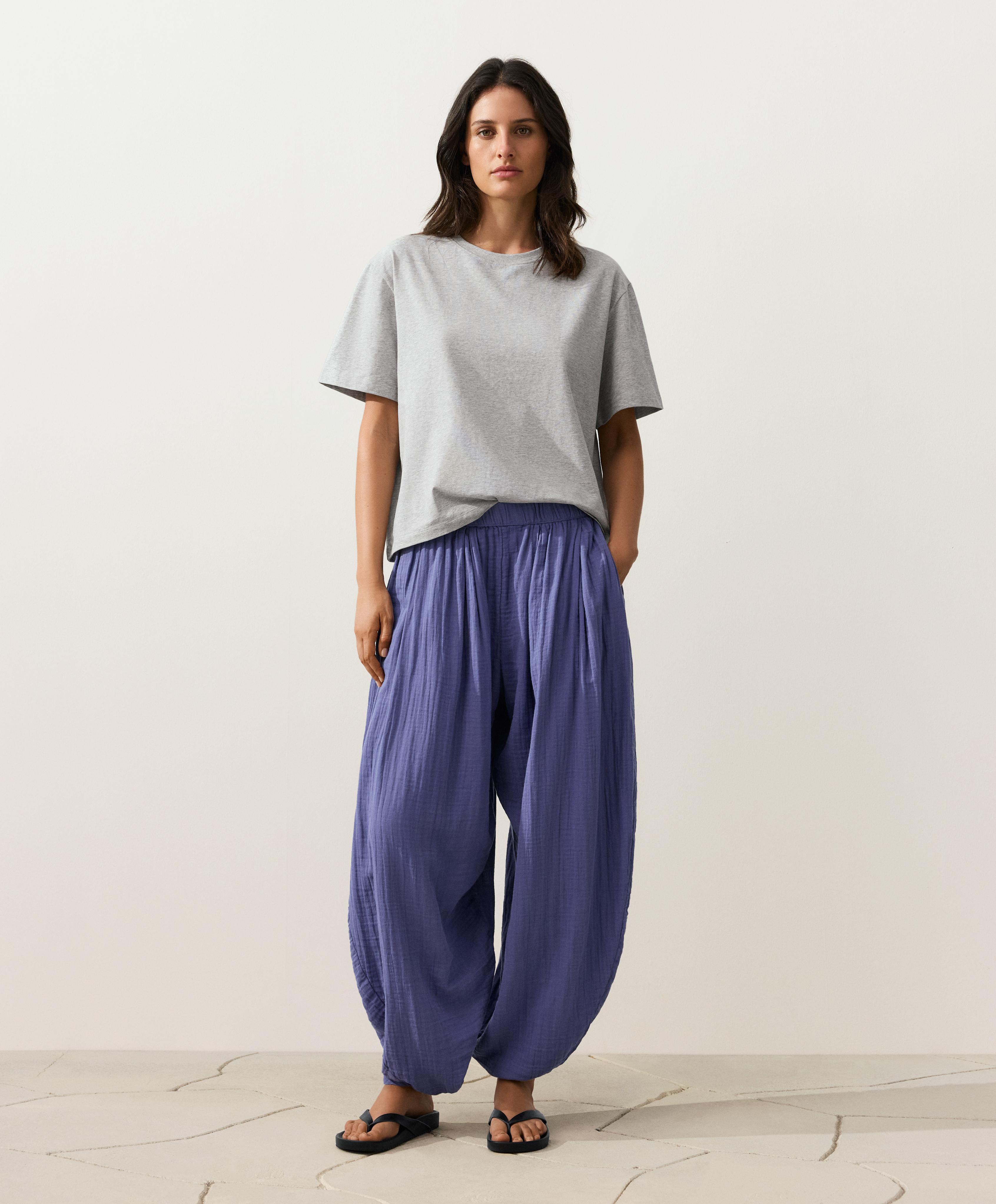 100% cotton muslin balloon trousers — BLUEBERRY