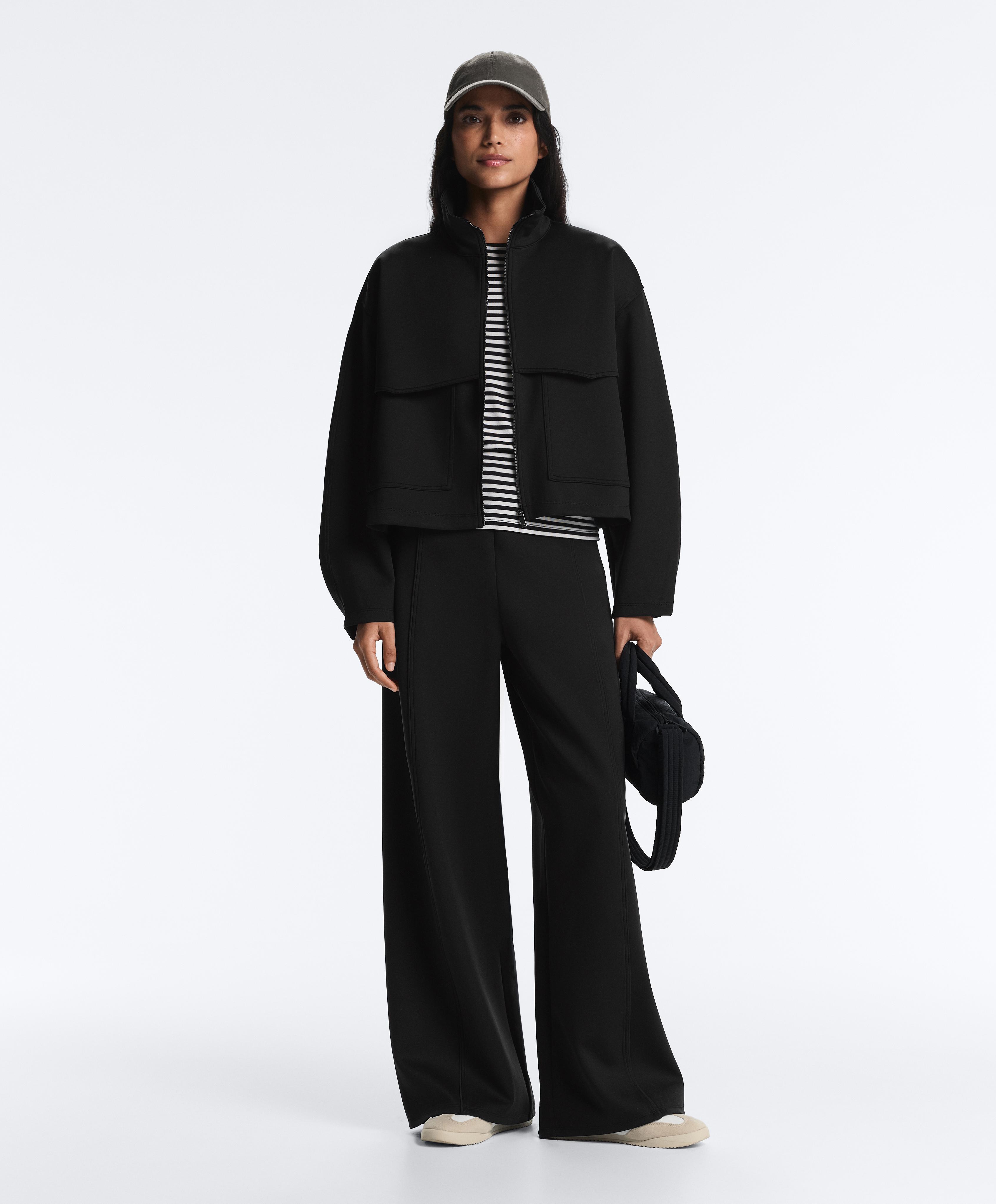 Neoprene effect high rise wide-leg trousers — BLACK