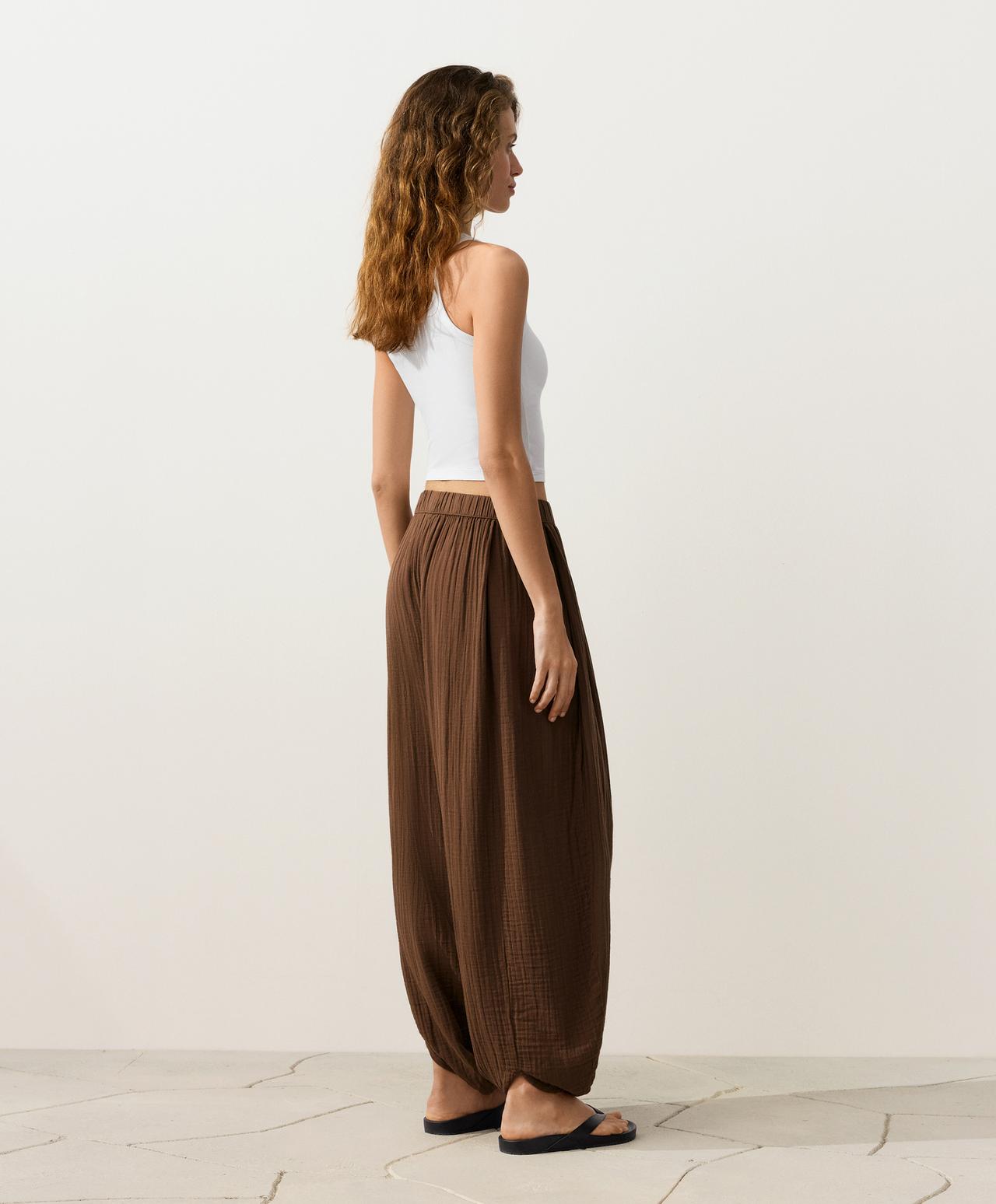100% cotton muslin balloon trousers — TAN