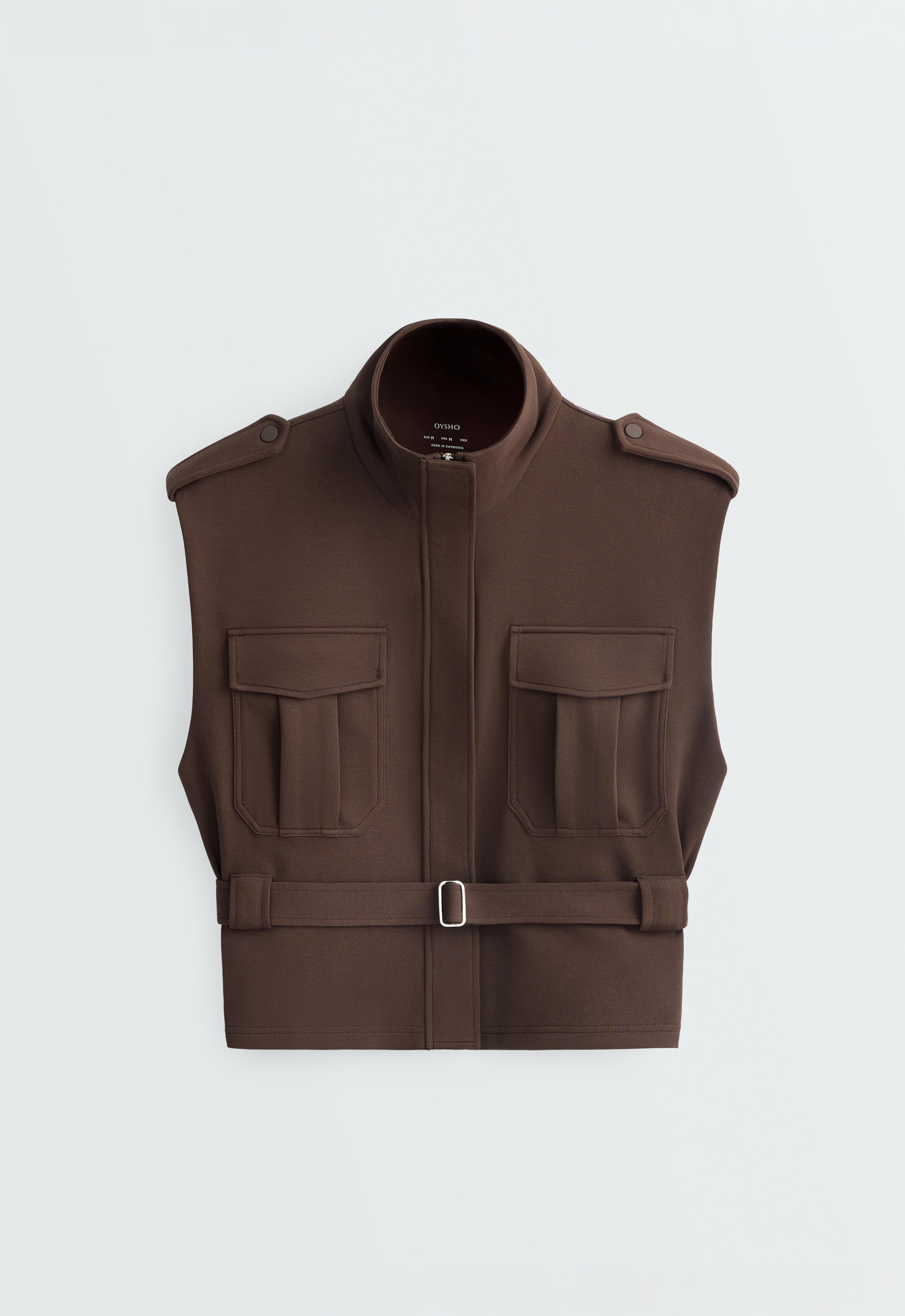 Utility piqué gilet with cotton belt — DARK BROWN