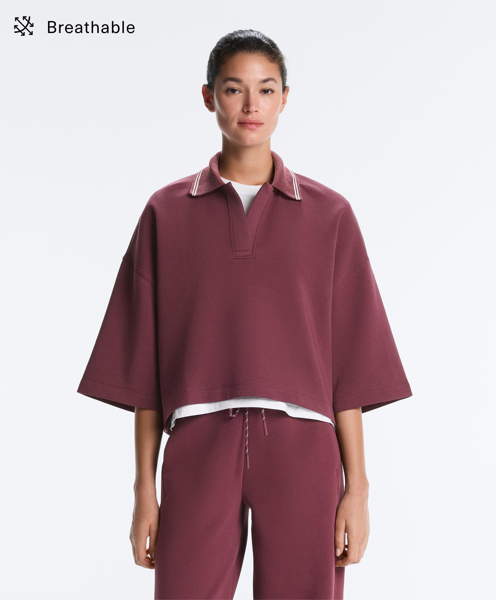 Polo yaka geniş kollu pamuklu sweatshirt